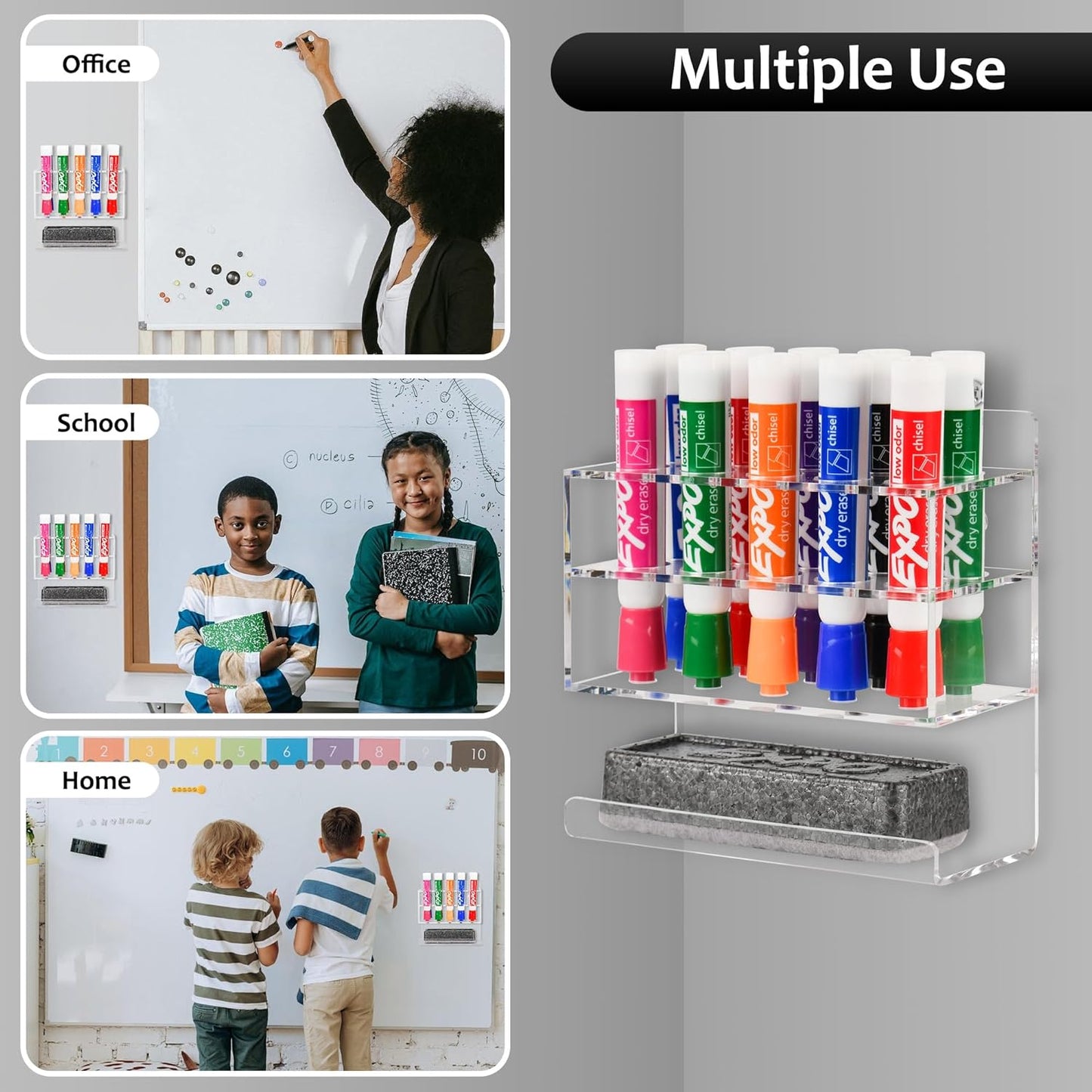 Dry Erase Marker Holder, Wall Mounted Acrylic Marker Holder with 10 Slots, Sticky Pen Storage for Classroom Organization, Whiteboard, Office, Clear