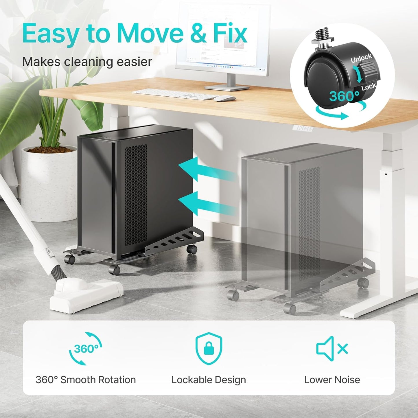 Adjustable PC Stand for Floor(400-510mm D, 160-300mm W), PC Tower Stand with 4 Caster Wheels, Ventilated Under Desk CPU Cart Holder for Office, Gamers, Black