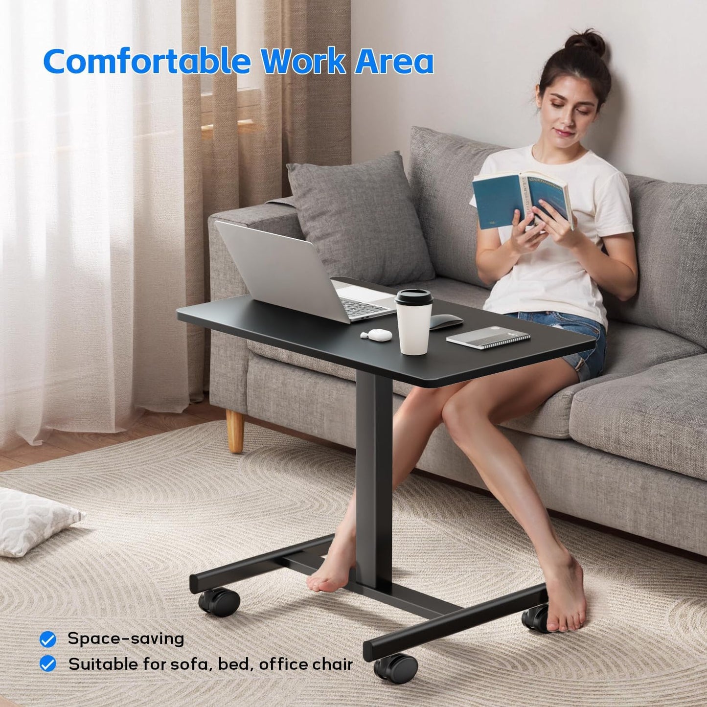 Mobile Small Standing Rolling Desk Adjustable Height, Portable Laptop Desk on Wheels, Workstation for Home Office with Hook, Black