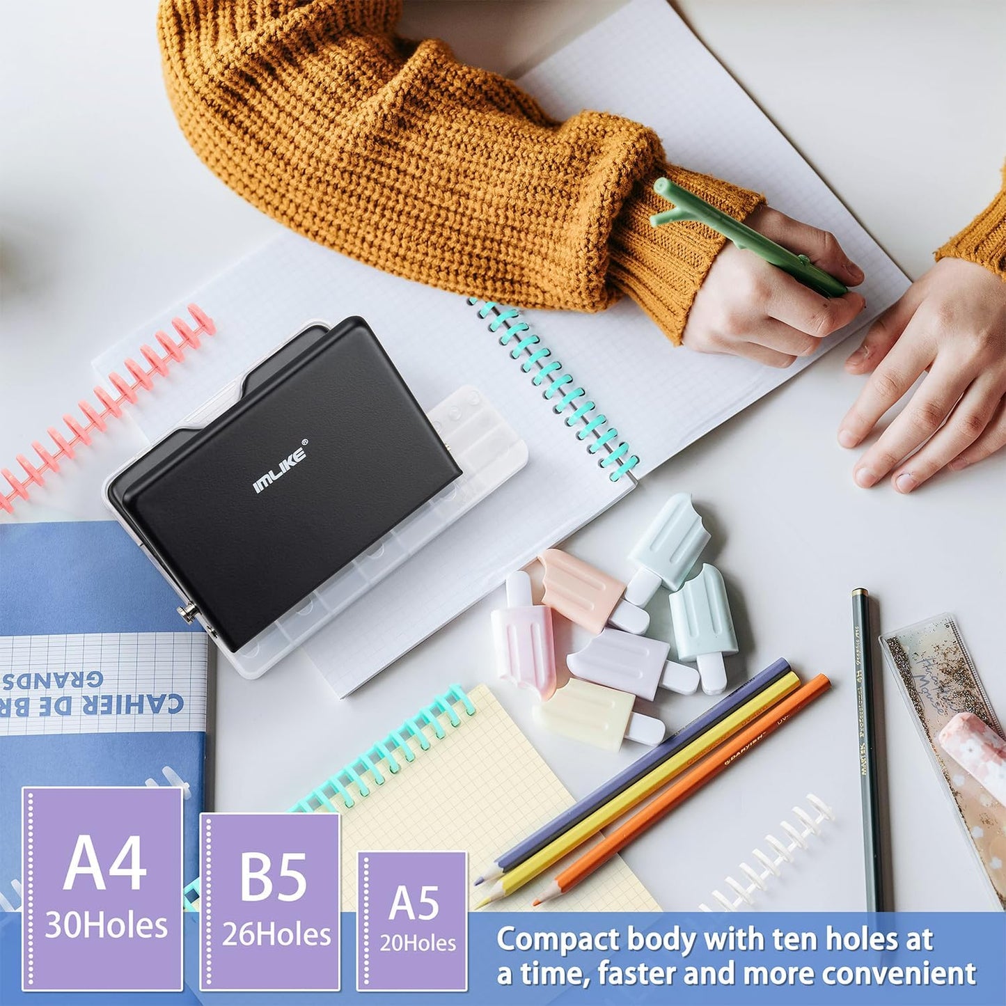 IMLIKE 10-Hole Binding Machine for Planners - Metal Manual Binding System with 10 Multi-Color 30-Hole Loose Leaf Binding Spines - Punches 26 Holes on B5, 30 Holes on A4, 20 Holes on A5 Paper - Black