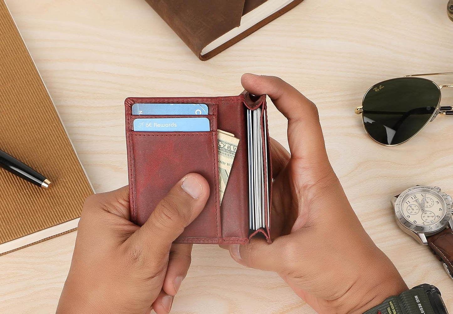 Premium Leather Card Wallet, RFID Blocking Expandable Business Card Case, Bifold Card Holder for Men and Women, Men's Purse, Wallet for Men (Business Card Wallet, Red)