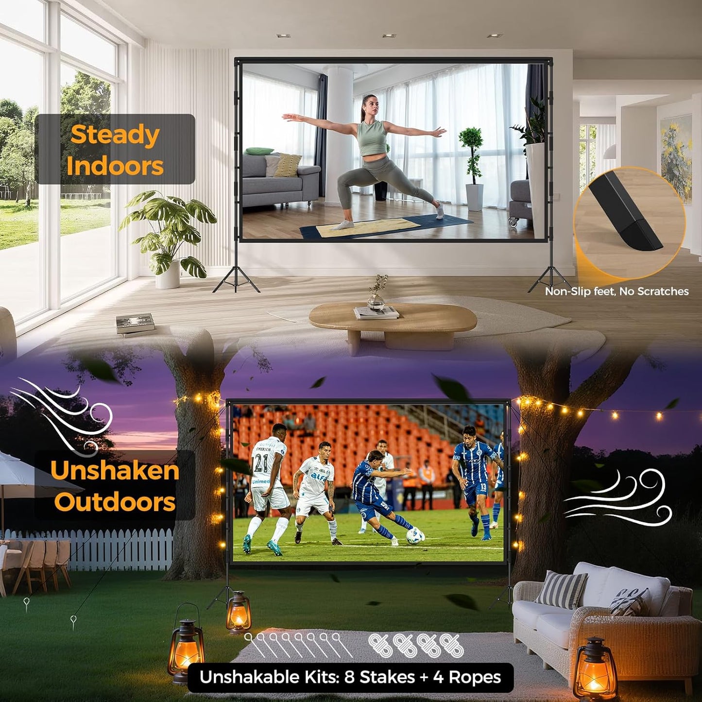 Outdoor Projector Screen with Stand: VOOPVOR 120 inch Portable Projector Screen Indoor - Upgraded Movie Screen 16:9 4K HD - Wrinkle-Free Lightweight Projection Screen with Carry Bag for Backyard Night