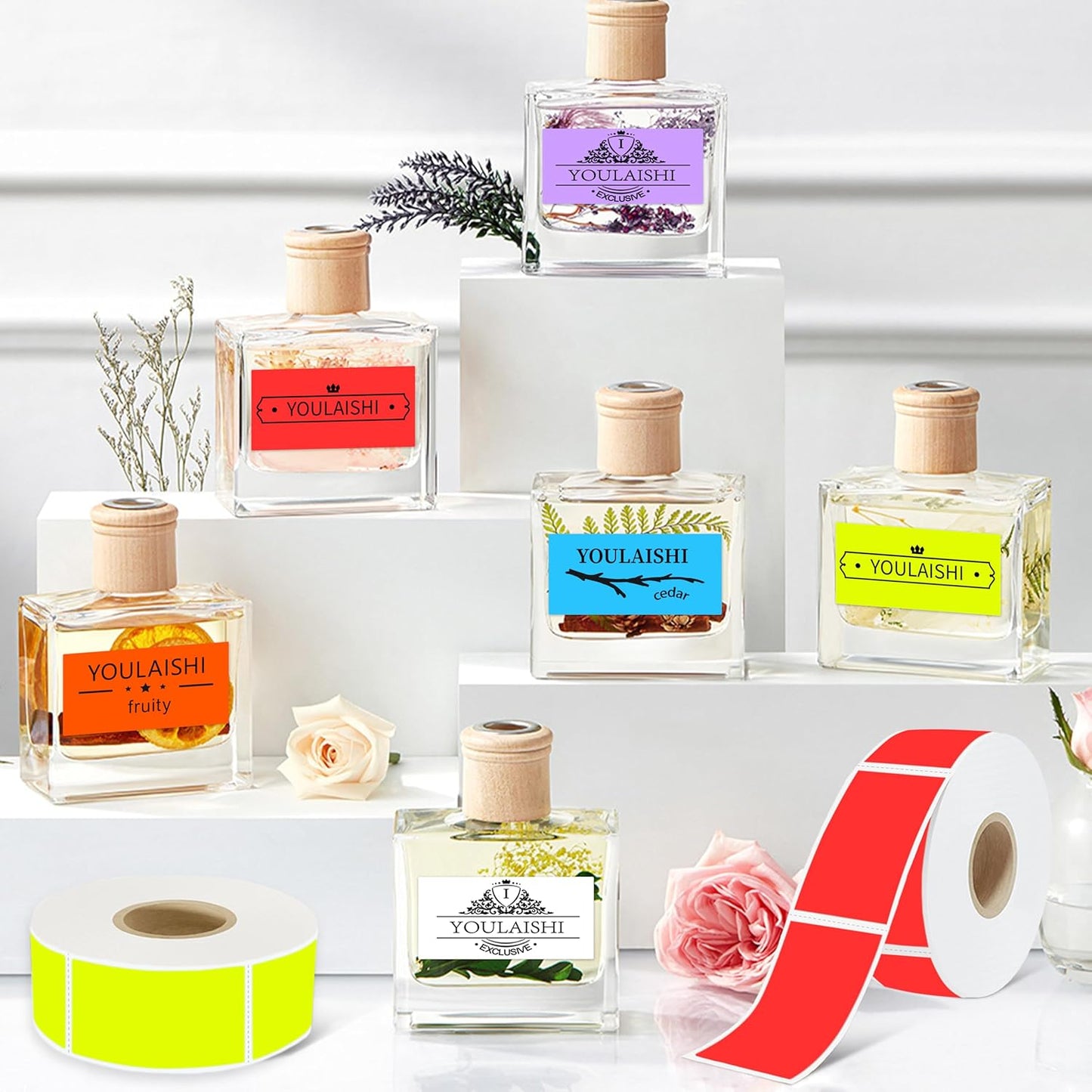 1X2 inch Label Stickers Roll for Thermal Printer 500PCS Colored Removable Freezer Labels Waterproof Blank Sticker Labels to Write on for Food Containers and Jars, Fluorescent Red