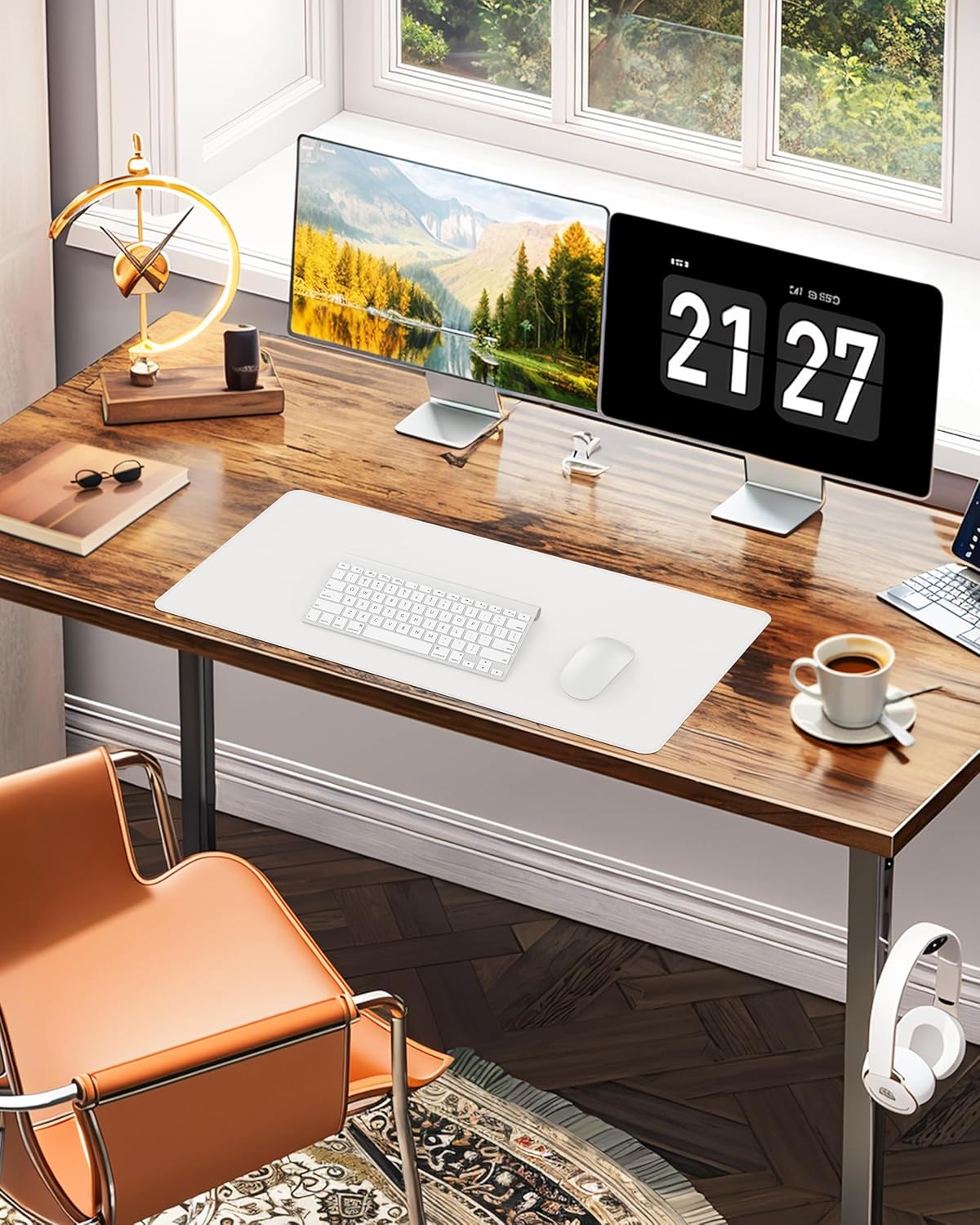 Extra Large Desk Pad Mat - Waterproof Mouse Pad & Desk Protector, Non-Slip XXL PU Leather Gaming Mat for Keyboard/Mouse, Stitched Edge with Ergonomic Support, 55"x17" (White)