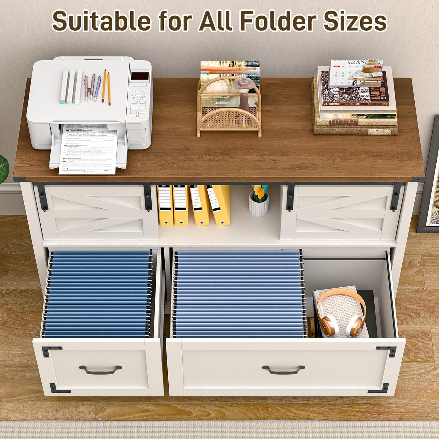 Lateral File Cabinets 2 Drawer with Sliding Barn Doors, Farmhouse Filing Cabinet with 2 Drawer for Home Office,Filing Organization Storage Cabinets for Hanging Files Letter/Legal/F4/A4.(Brown.)