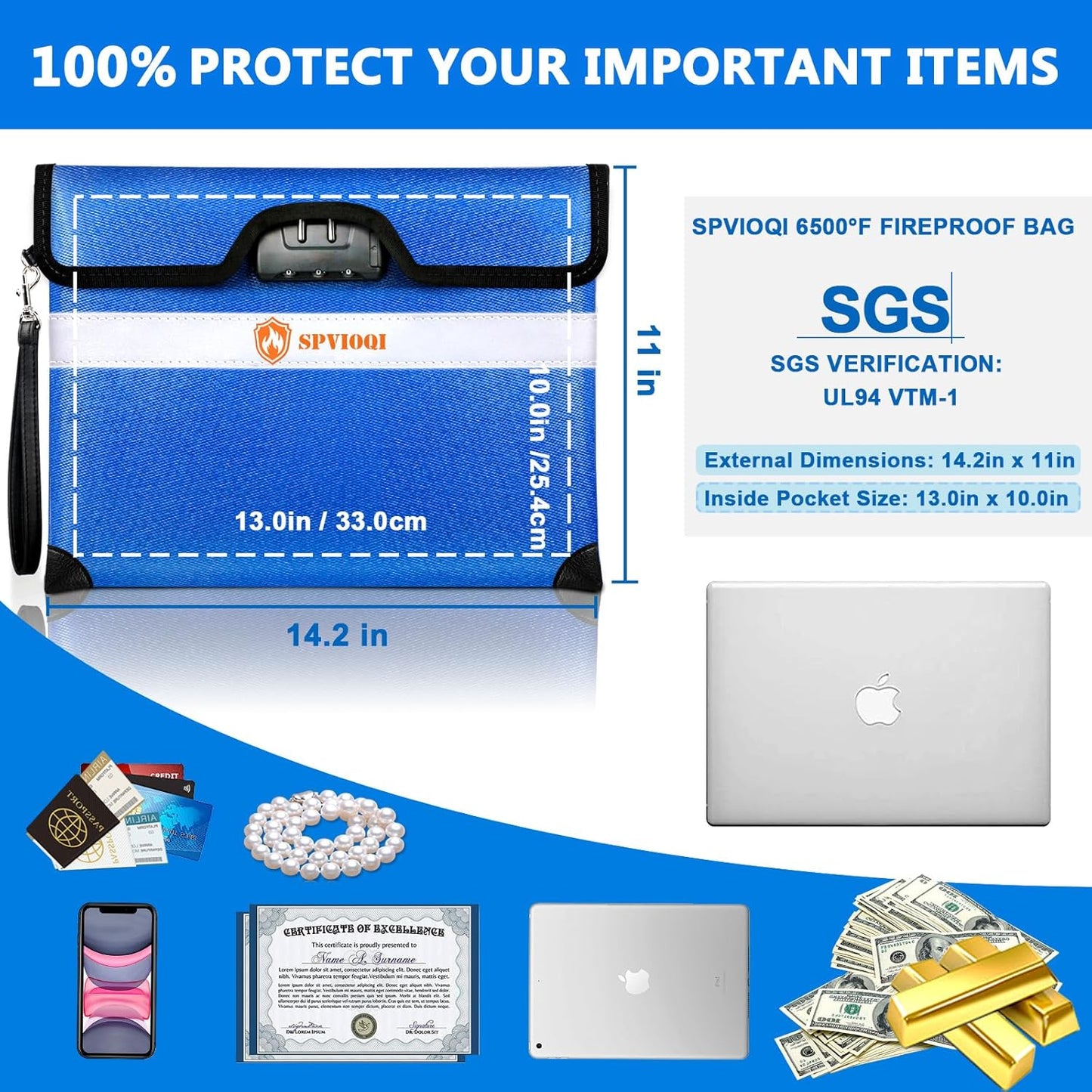 SPVIOQI 6500F Fireproof Document Bag with Lock, Upgraded 10Layer Heat Insulated, Water Resistant, Blue, Large, Rectangular, Fireproof Money Bag for Documents, Cash, Valuables