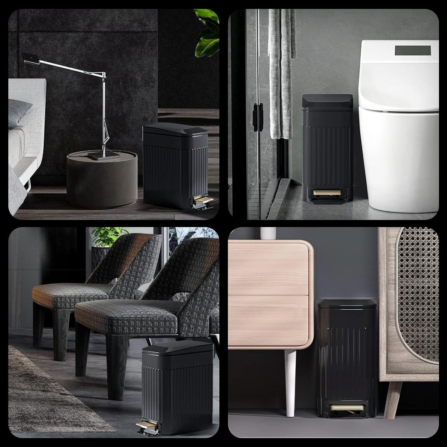 Small Bathroom Trash Can with Lid Soft Close-6L/1.6 Gal Slim Step Garbage Can-Metal Pedal Wastebasket-Narrow Rectangle Garbage Container Bin for Corner Office, Bedroom, Toilet, Live Room-Black