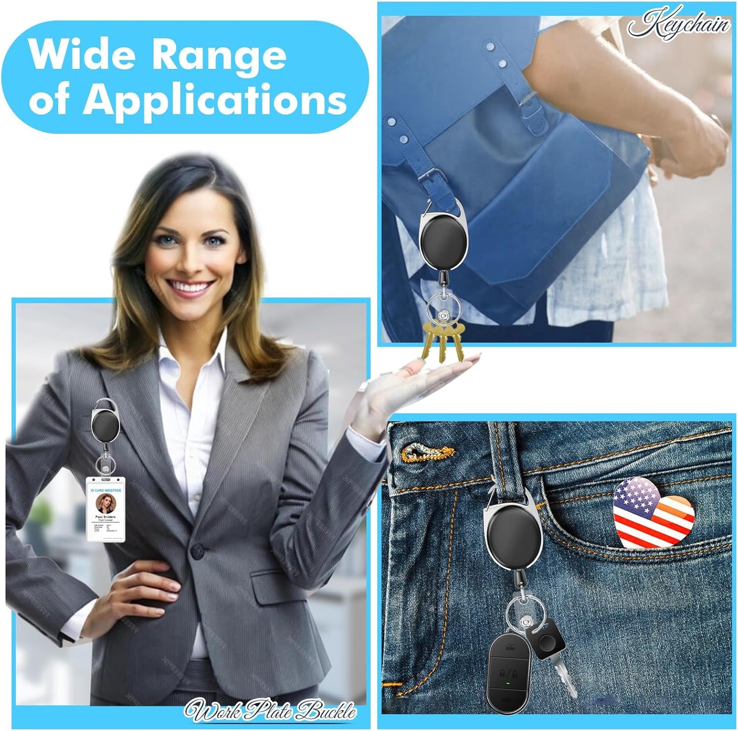 Retractable Badge Holder with Carabiner Reel Clip and Key Ring for ID Card Key Keychain Holders Black 30 Pieces