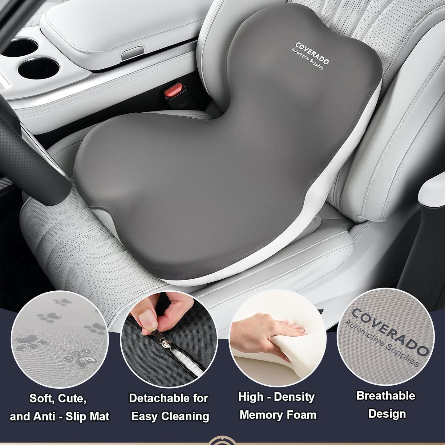 Coverado Seat Cushion and Lumbar Support Pillow One Piece for Car Office Chair, Ergonomic Memory Foam Desk Chair Cushion Back Support Pillow, Sciatica & Back & Tailbone Pain Relief Cushion-Gray