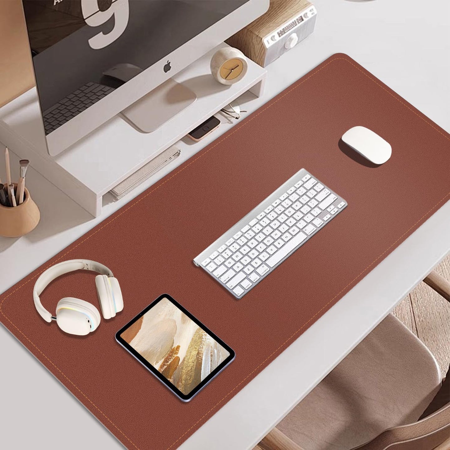 Dual-Sided Desk Pad, Natural Cork & PU Leather Mouse Pad for Desk, Desk Pad Protector, Non-Slip Desk Mat for Office and Home Work, (Brown, 23.6" x 13.7")