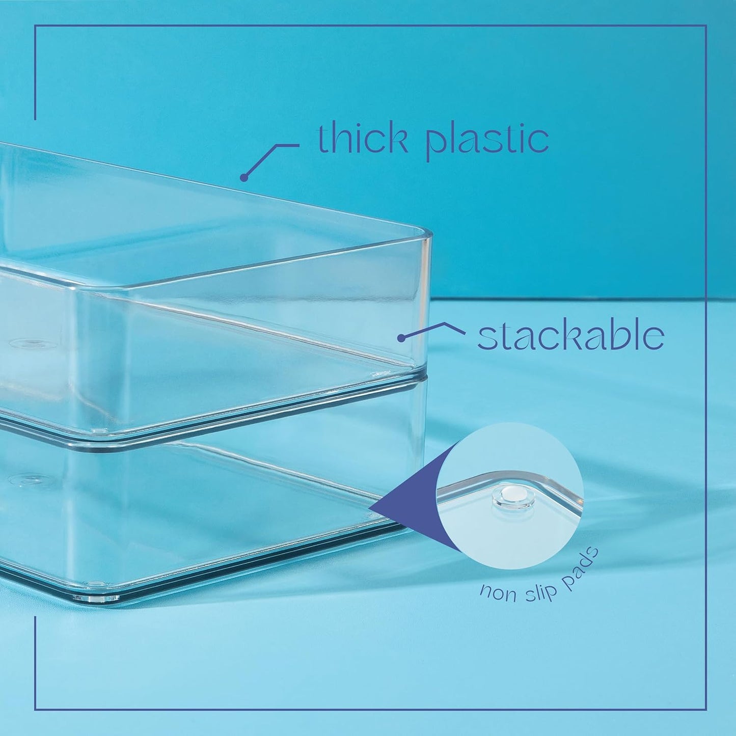 Plastic Clear Drawer Organizers. Bathroom, Kitchen, Bedroom, Jewelry, Office Organizer Bins, Storage Trays. Heavy Duty, Stackable. 9" x 3" x 2" Set of 6