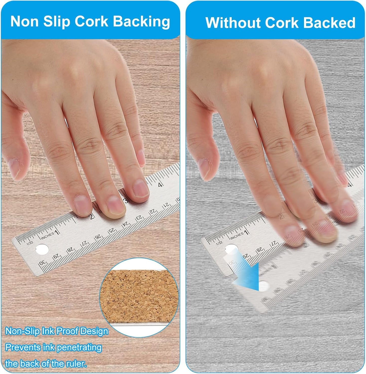 PATIKIL 8 Inch Stainless Steel Ruler Straight Edge Ruler, 2 Pcs Cork Backing Non-Slip Metal Ruler with Inches Centimeter Metric Measuring Tools for Office