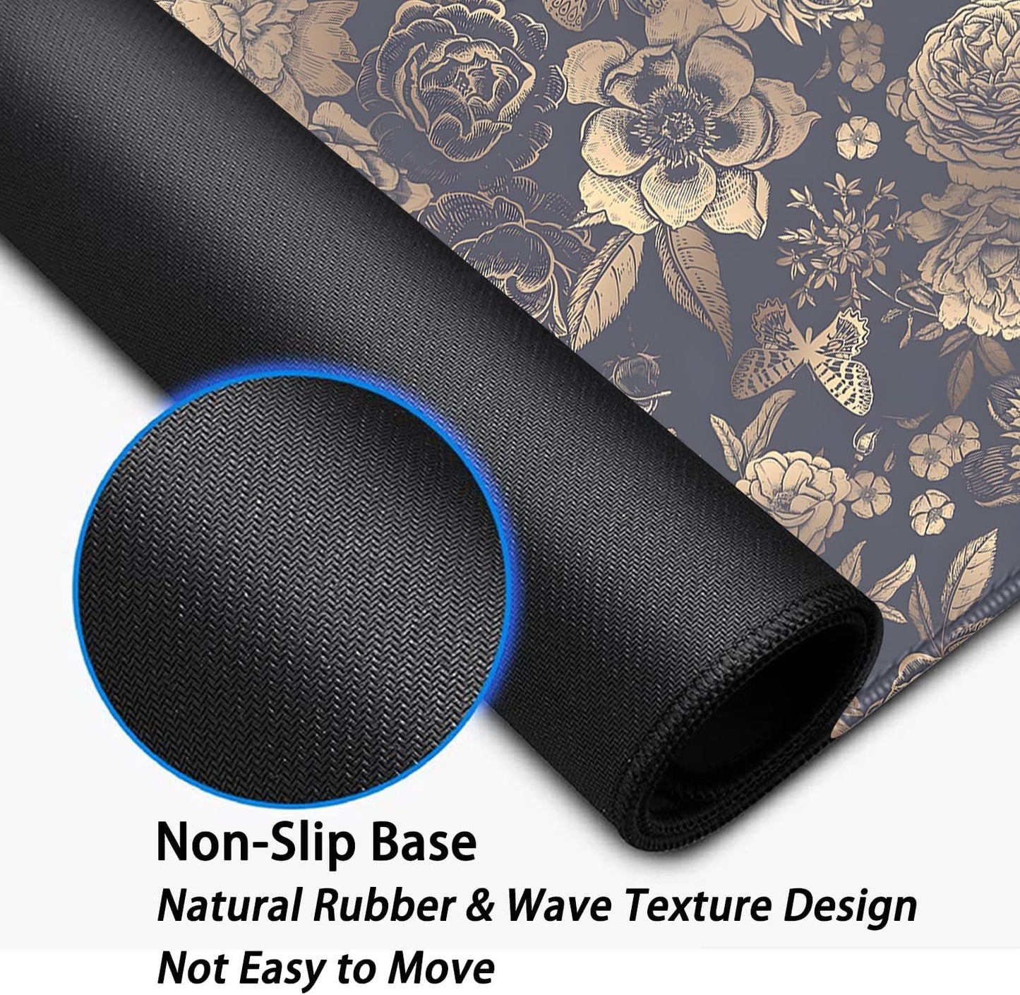 Vintage Roses and Peonies Desk Pad Mouse Pad,Dark Floral Mouse Mat with Stitched Edges,Non-Slip Rubber Base Black Mousepad for Office PC Keyboard Laptop and Home Work Desk Mat(27.5X11.8 in)