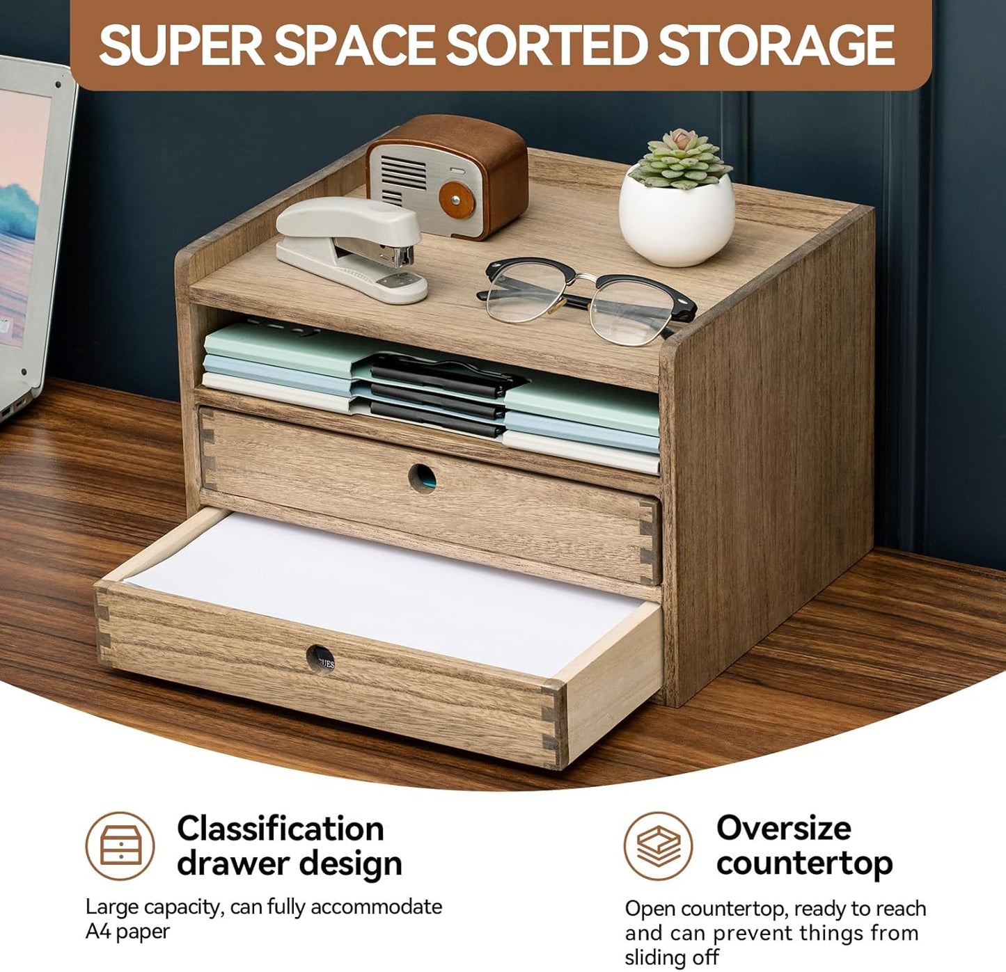 KIRIGEN Desktop Organizer Cabinet With 2 Drawers & Tray - Wood Office Desk Storage Shelf for Office Supplies - Small Cabinet for Countertop Accessories Storage 3 Layer Dark Brown(DT3D2C-DBR)