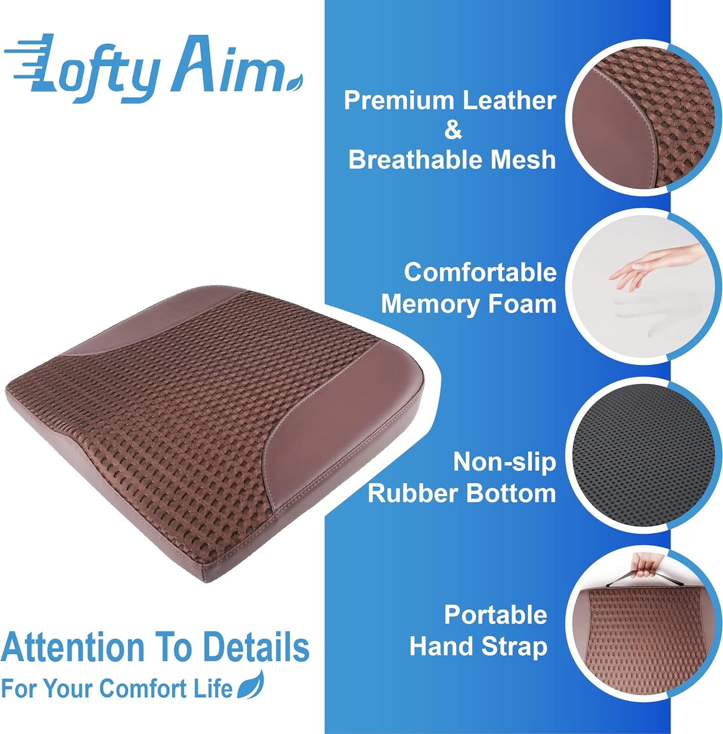 Car Seat Cushion, Comfortable Memory Foam Seat Pillow for Driving, Sciatica-Back Pain Relief, Cushion for Car-Truck, Office, Wheelchair - Brown