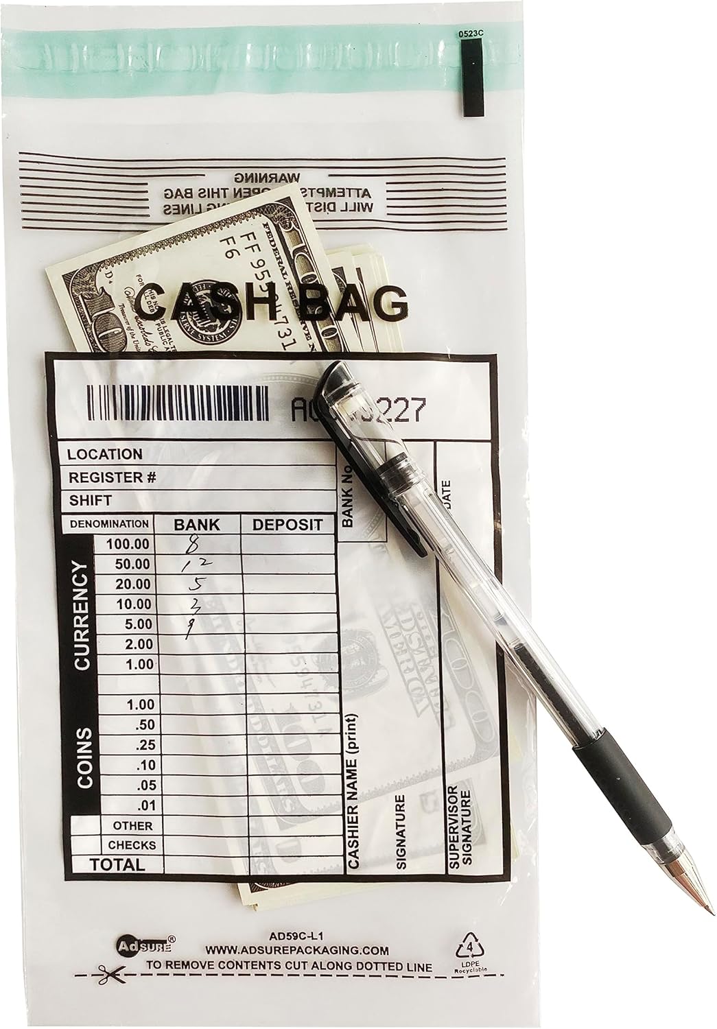 Clear Plastic Small Bank Deposit Bags For Cash | Pack of 1000 | 5"x9"|Tamper Evident Bags | Write-On Panel and Tear-Off Receipt | Ideal for Cash Handling