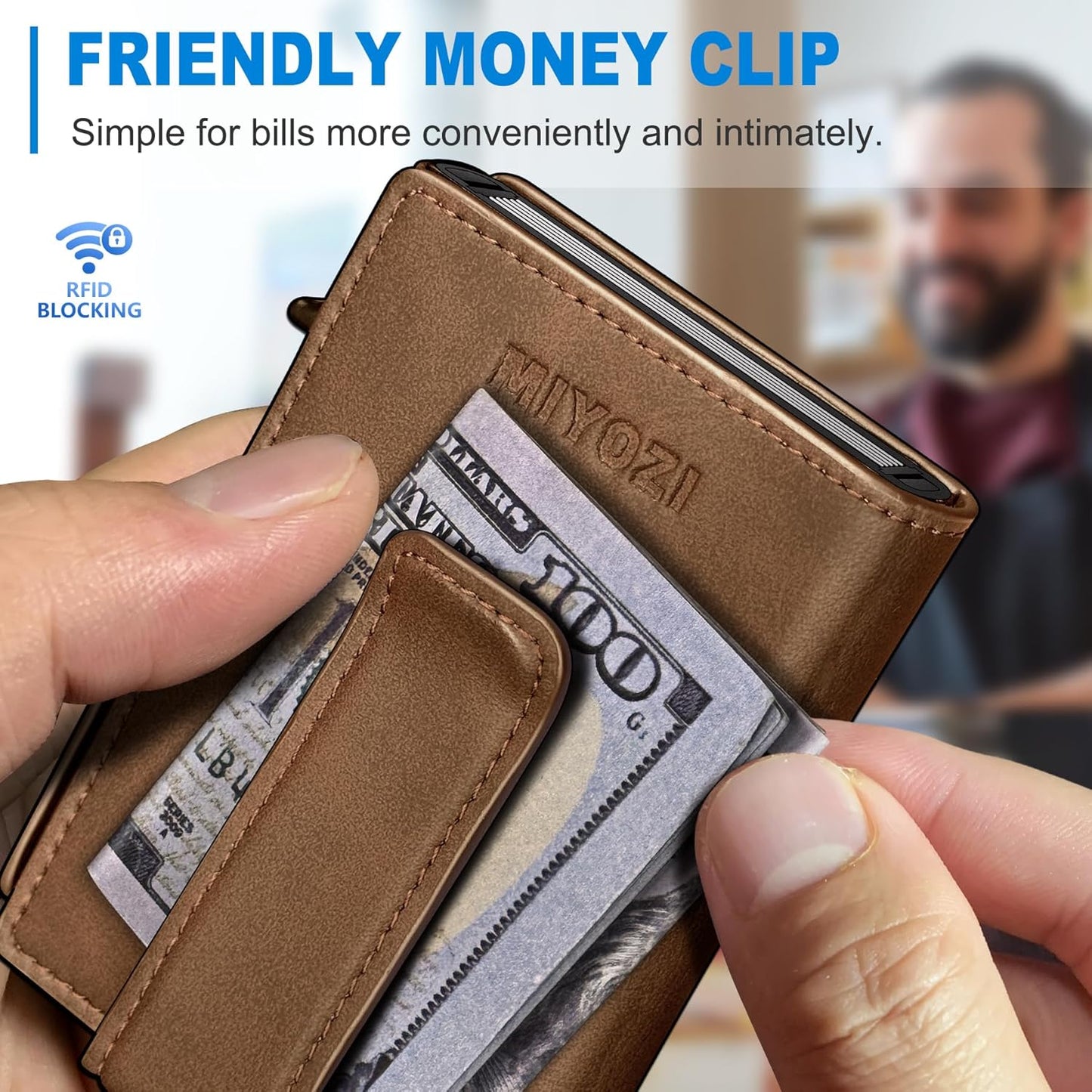 Men Wallet,with Money Clip Coins Pocket ID Window,Slim Front Pocket RFID Blocking Pop-up Card Holder 3.9"x 2.7", Gift Boxed