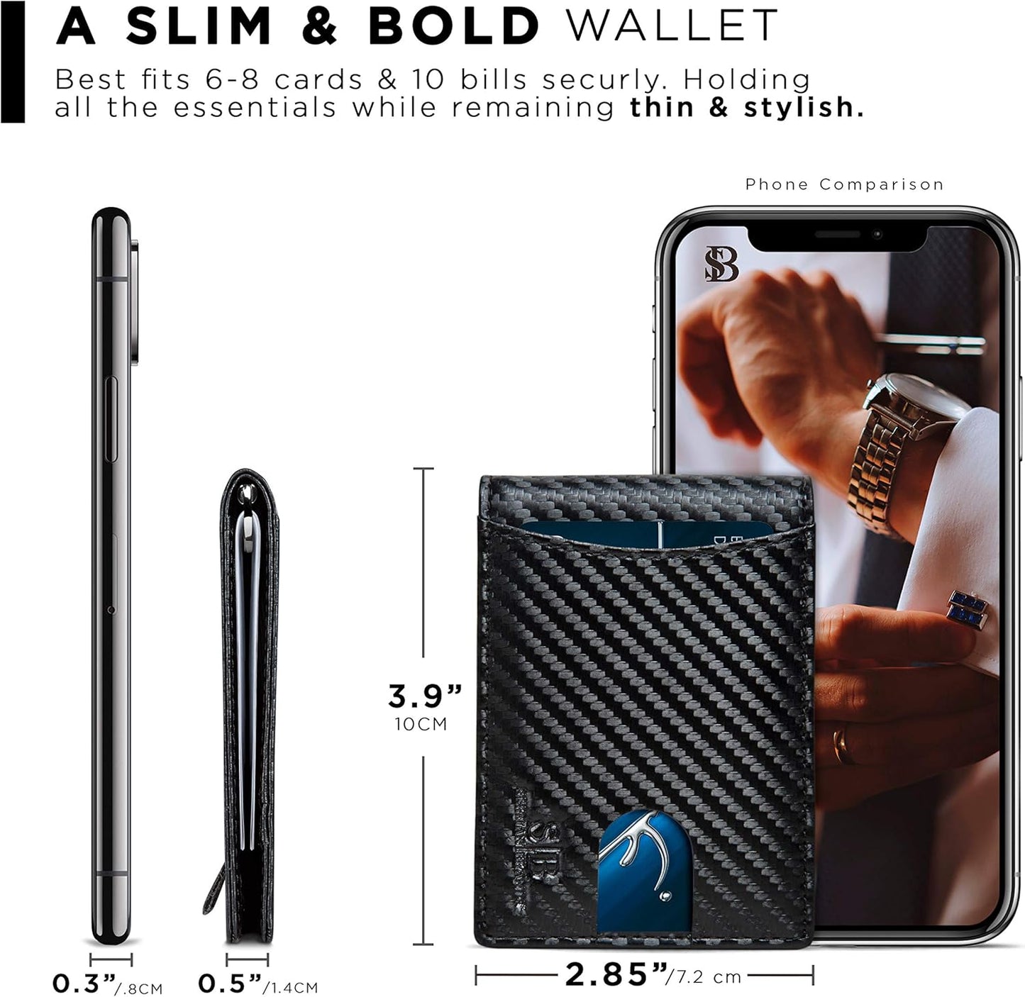 SERMAN BRANDS RFID Blocking Slim Bifold Genuine Leather Minimalist Front Pocket Wallets for Men with Money Clip Thin Mens