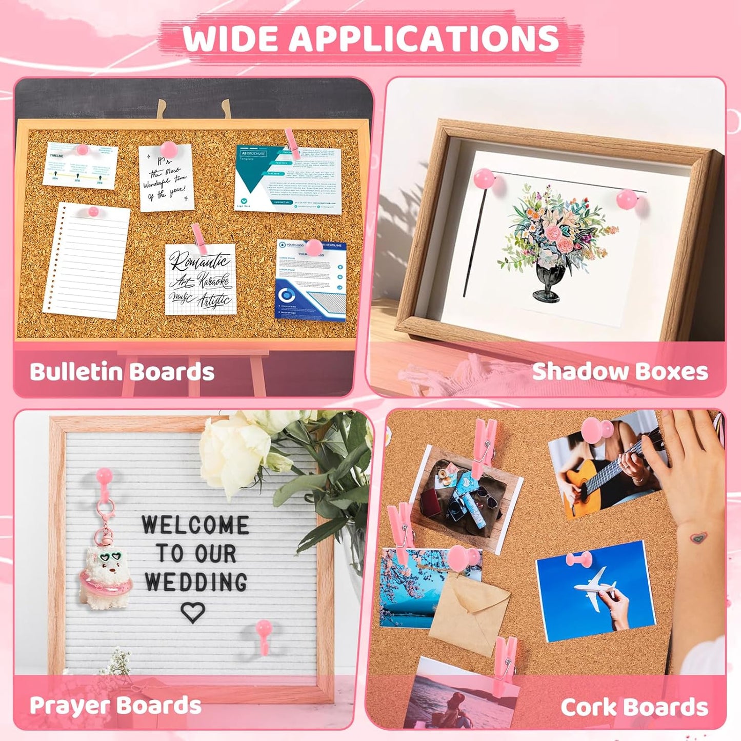 240Pcs Pink Thumb Tacks,5 Style Cute Push Pins, Decorative Push Pins for Bulletin Boards, Cork Board, Pink Office Supplies, Office Decor