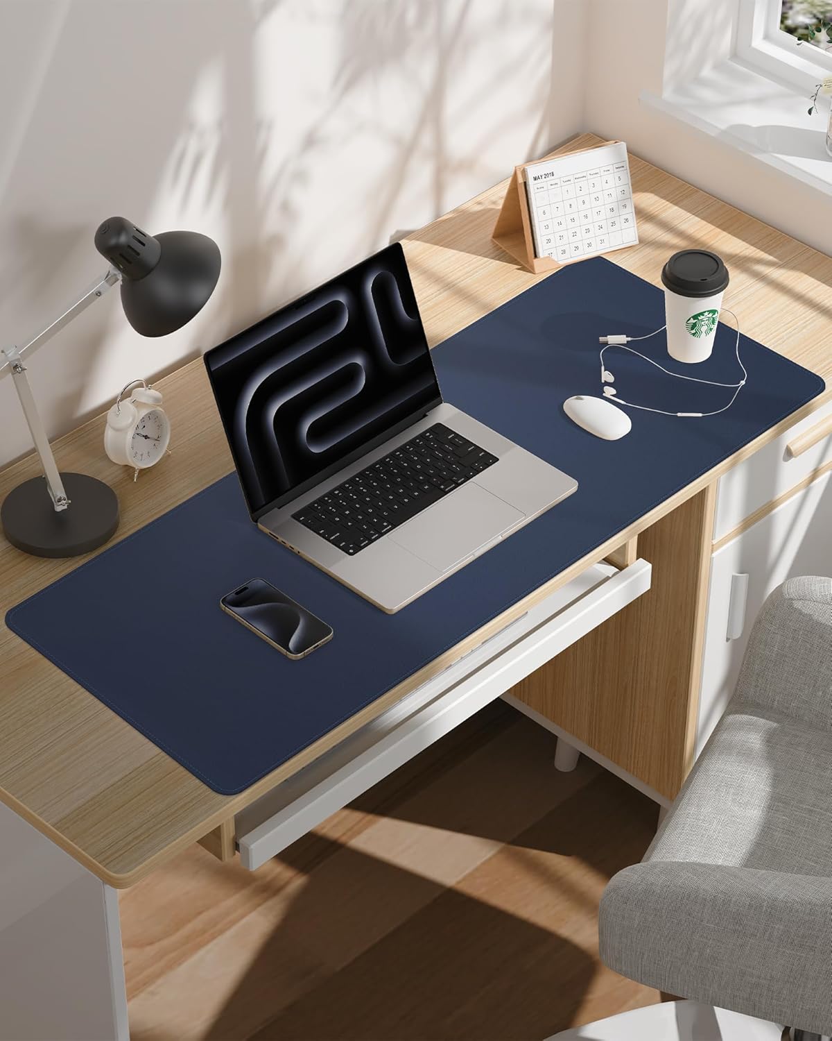 PU Leather Desk Mat Protector - 48"x17" Large Non-Slip Office Desk Pad, Waterproof Keyboard & Mouse Pad, Premium Workstation Cover for Home & Office (Midnight Blue)