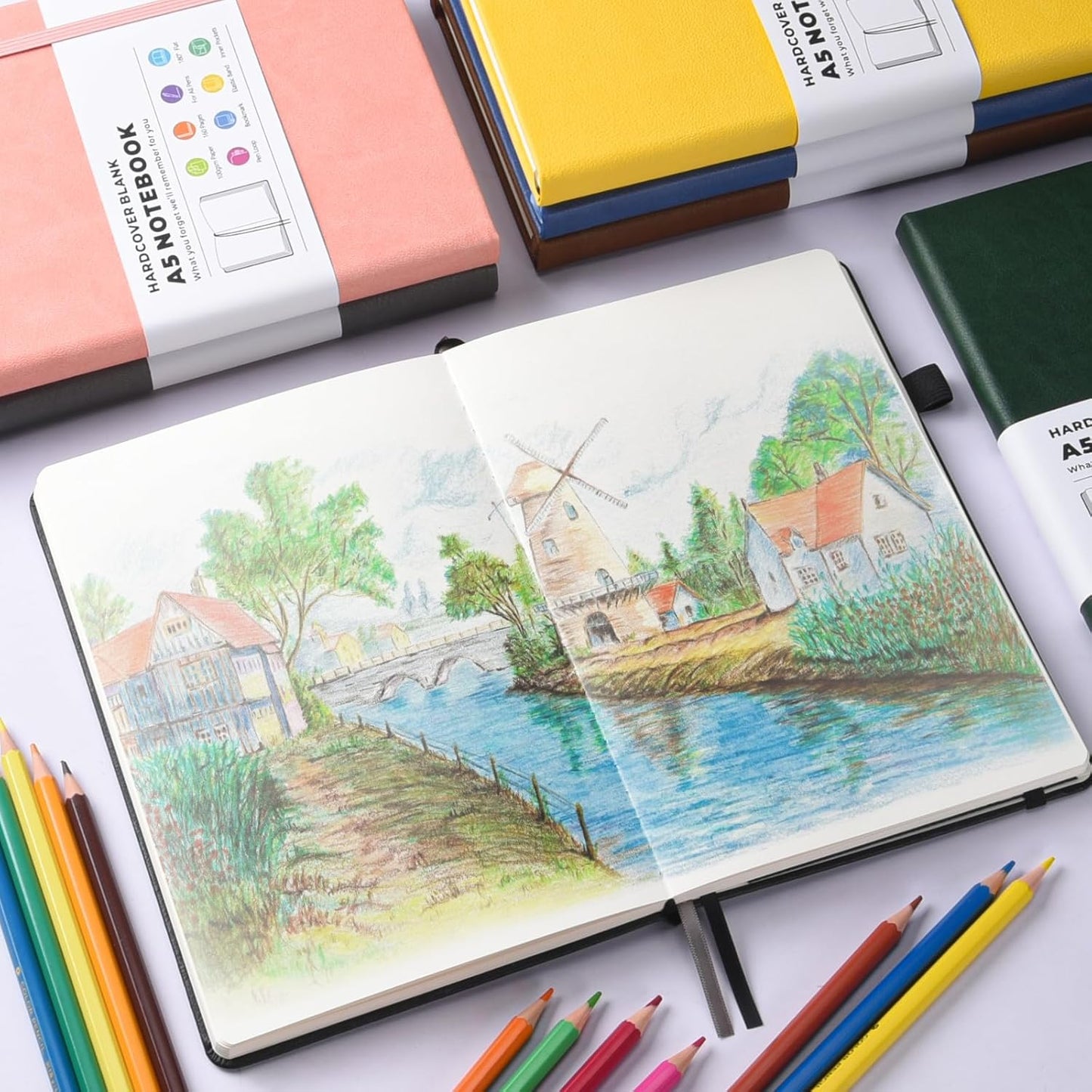 Blank Journal Notebook, 3 Pack A5 Sketch Book, Hardcvoer Sketchbook for Drawing with 100GSM Thick Paper, Leather Journal for Writing, Unlined Journal for Women, Men, School, 160 Pages, 5.7" x 8.4"