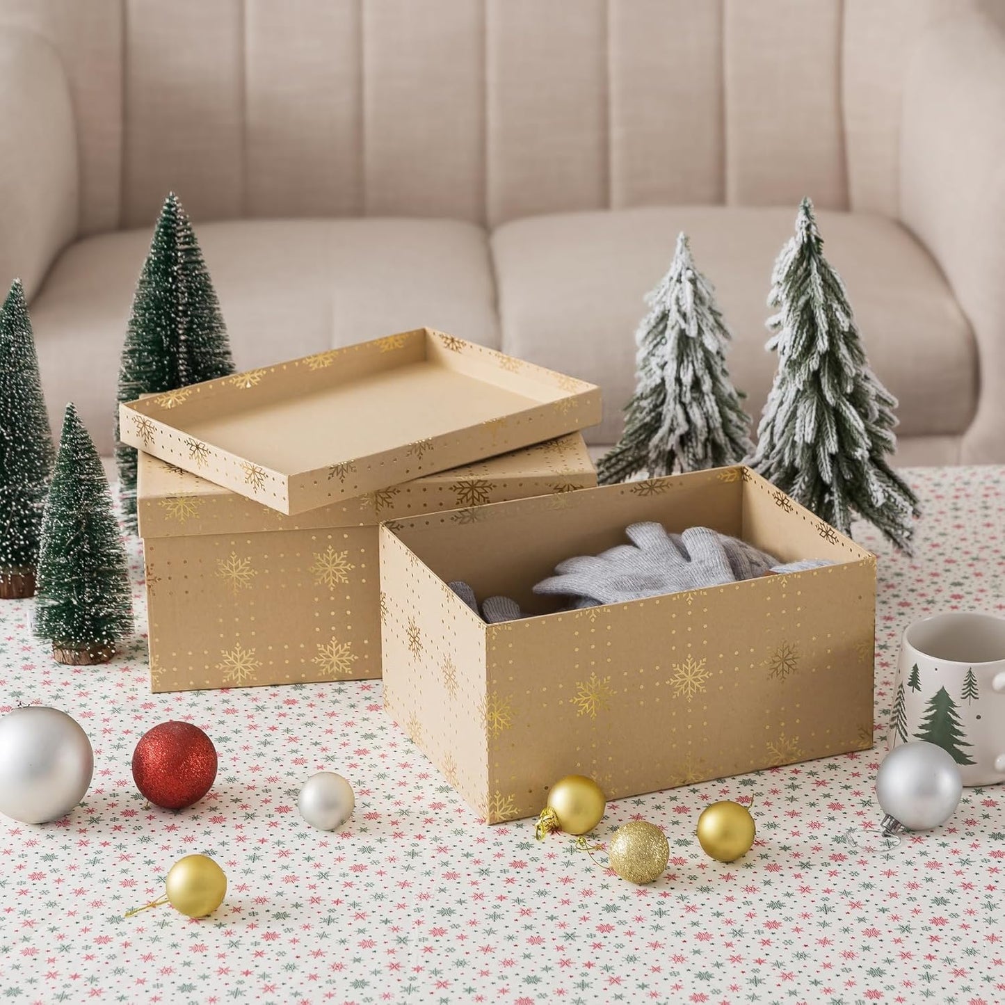 Soul & Lane Christmas Gift Boxes with Lids, Vintage Kraft Reusable Christmas Nesting Boxes for Presents, Decorative Cardboard Large Holiday Storage For Keepsakes and Snowflakes Decor, Set of 2