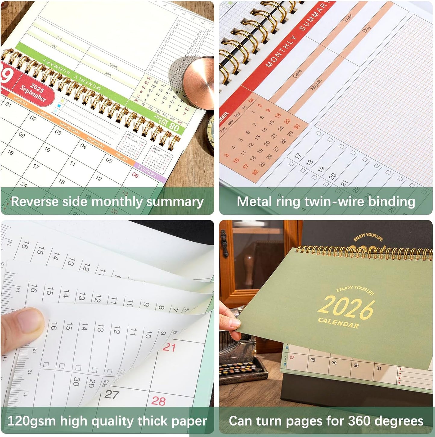 Small Desk Calendar 2025, Desktop Calendar from July 2025 to Dec 2026, Metal Ring Twin-Wire Binding Monthly Desktop Calendar for Home Office School (White)