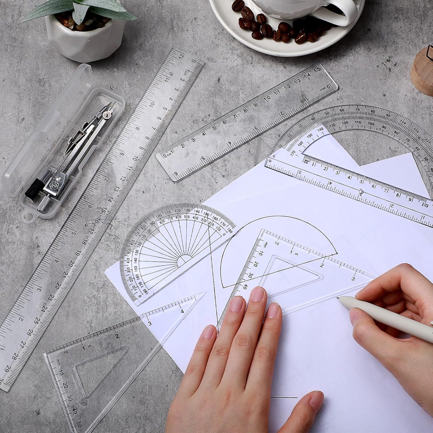 Zonon 1 Set Plastic Geometry Math Set Includes Drawing Compass, 6 and 4 Inch Protractor, 45/60 Degree Triangle Rulers 12 and 6 Inch Math Ruler Transparent for Office Supplies(Clear)