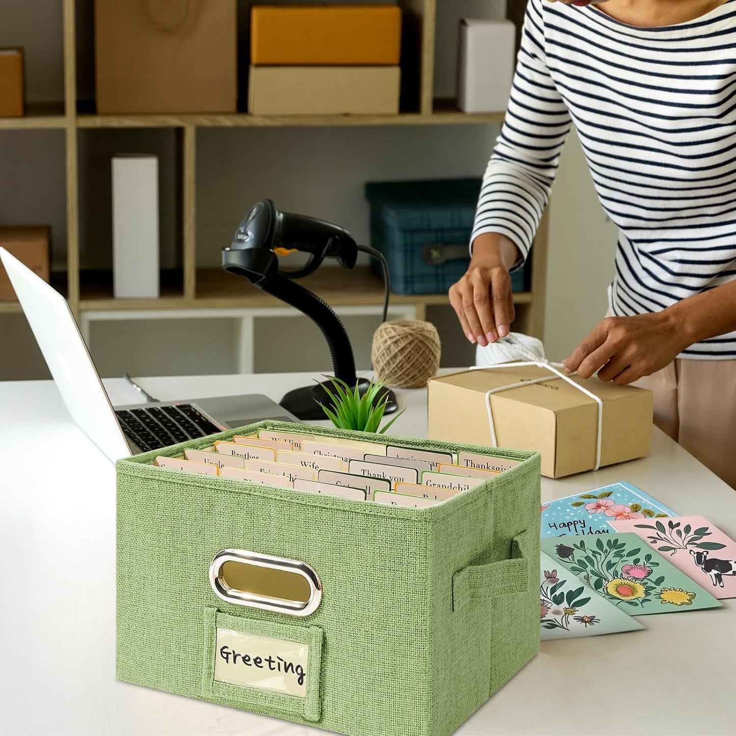 Vienrose Greeting Card Organizer 2 Pack, Storage Box with 40 Adjustable Dividers, Foldable Organizer Box Holds over 150 Cards, Storage Stickers Recipes Photos Envelopes Bills Vinyl Records, GrassGreen