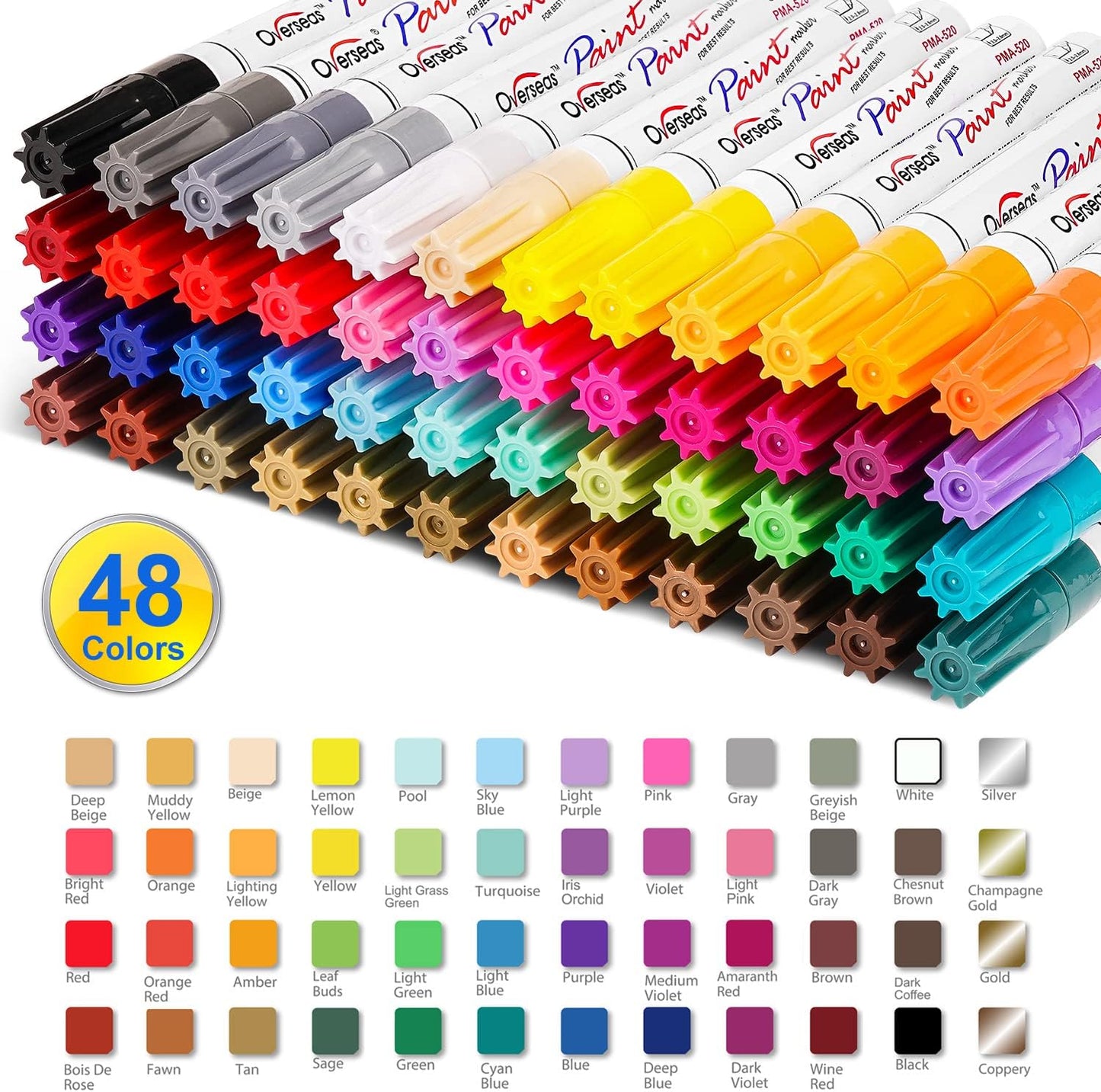 Paint Marker Pens - 48 Colors Permanent Oil Based Paint Markers, Medium Tip, Quick Dry and Waterproof Assorted Color Marker for Metal, Wood, Plastic, Rock Painting, Stone, Canvas, Glass, Ceramics
