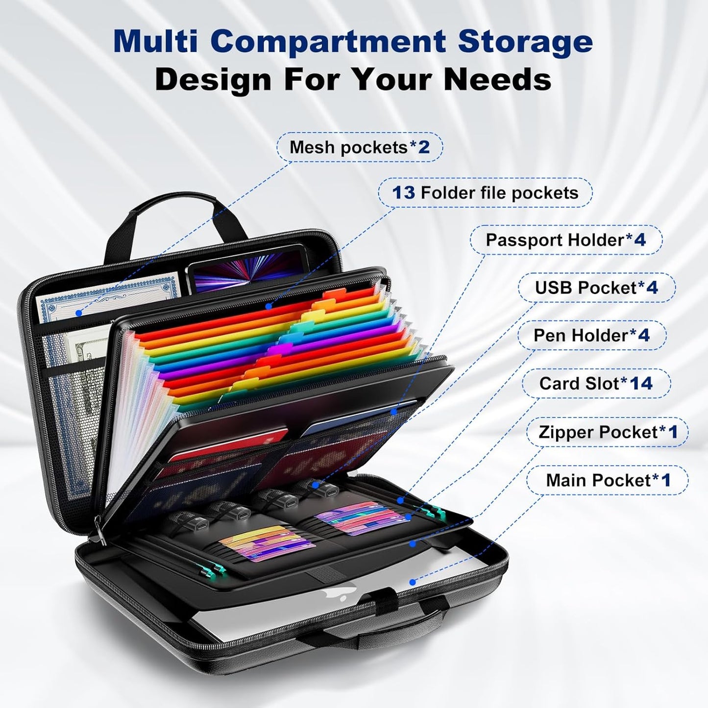 Fireproof Document Box, Hard Case Fireproof File Organizer with Lock and 13 Pocket Accordion File Folder, Portable Safe Box for Home Office Travel to Storage Important Documents Laptop Black