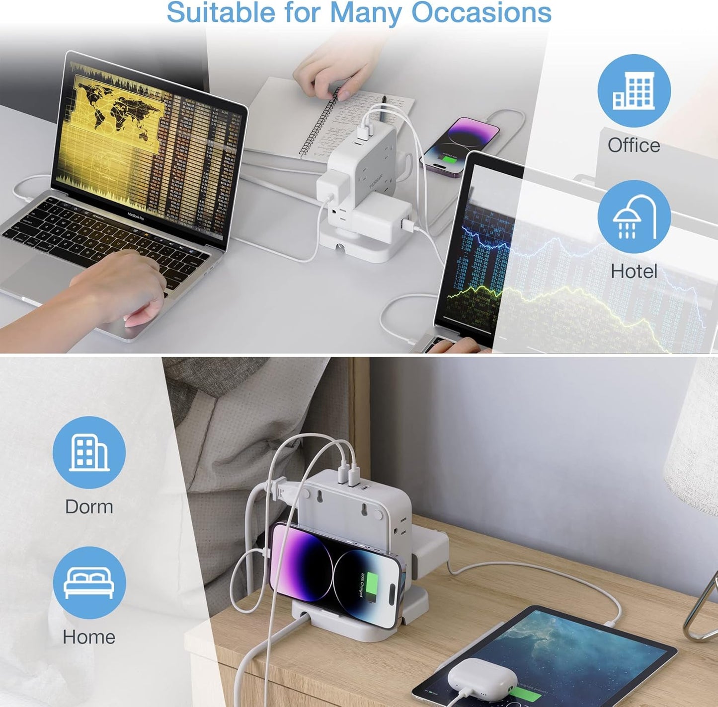 Power Strip Tower Surge Protector, TESSAN 8 AC Outlets with 3 USB (1 USB C Port), 5 FT Flat Plug Extension Cord with 900 Joules Protection, Desk Charging Station for Home Office Supplies, Dorm Room