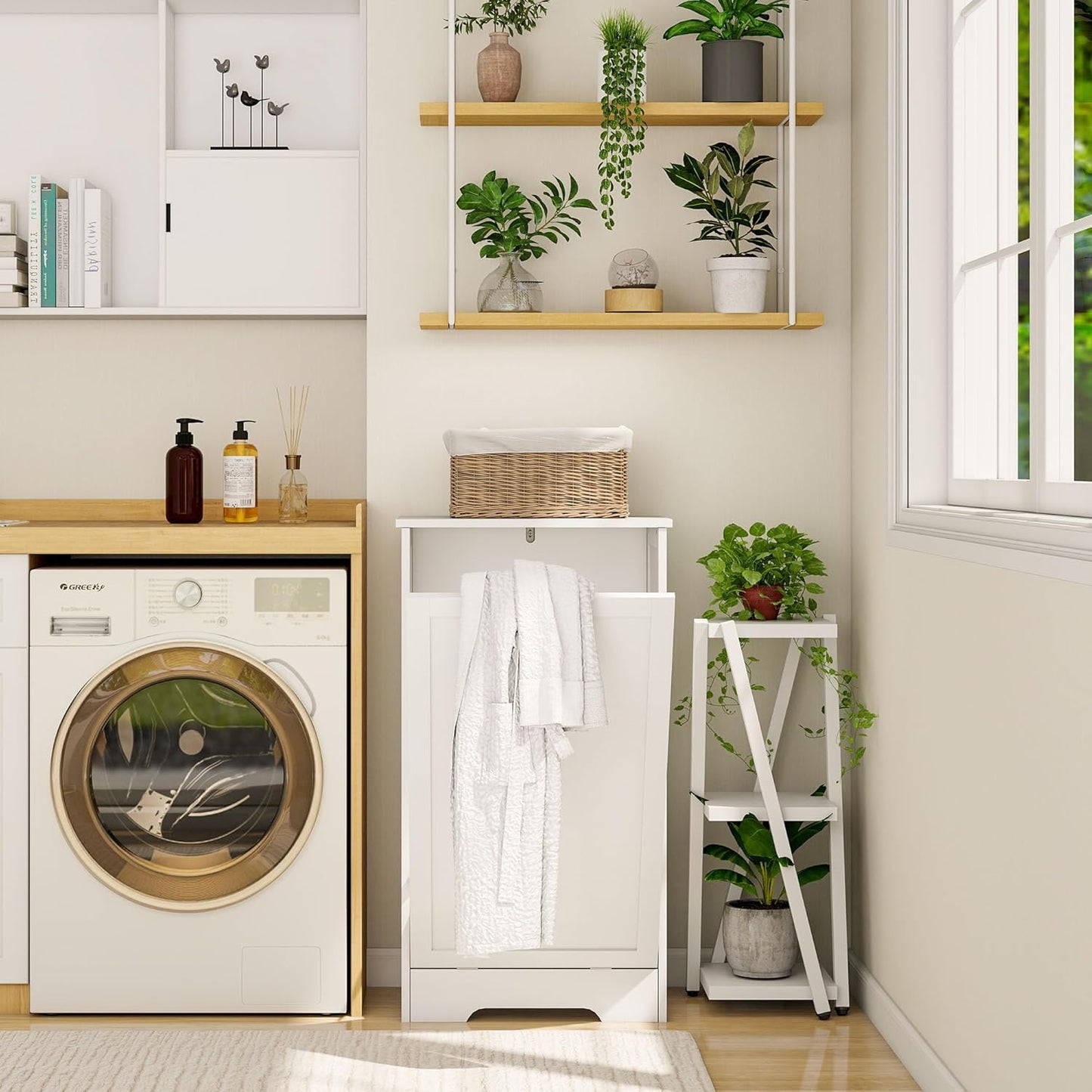 10 Gallon Tilt Out Trash Cabinet, Wooden Hidden Free Standing Kitchen Garbage Can with lid, Modern Pet-Proof Trash Can Holder for Bathroom, Living Room, Laundry Room, White