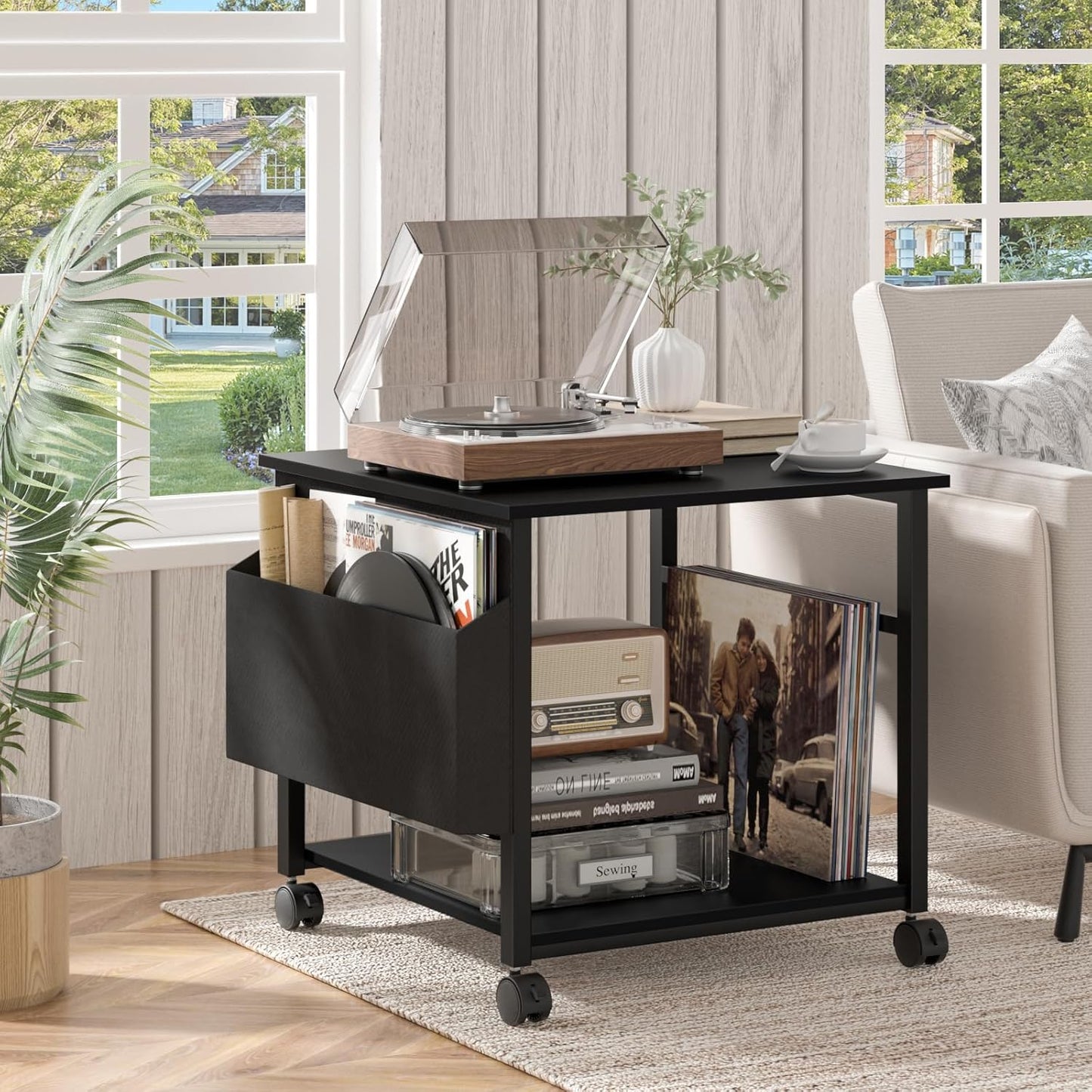 Lerliuo Large Printer Stand with Storage Shelf, 23.6 x 23.6 x 22.8 Industrial Printer Table for Home Office, Rolling Printer Cart Holder with Lockable Wheels, Mobile Mini Fridge Stand Table (Black)