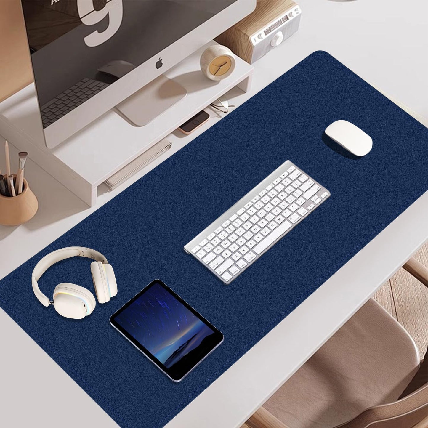 Large Desk Pad Protector, Non-Slip Computer Mat for Desk, 55'' x 17'' PU Leather Office Desk Mat for Home & Office, Laptop Desk Blotter Pad for Mouse and Keyboard, Dark Blue