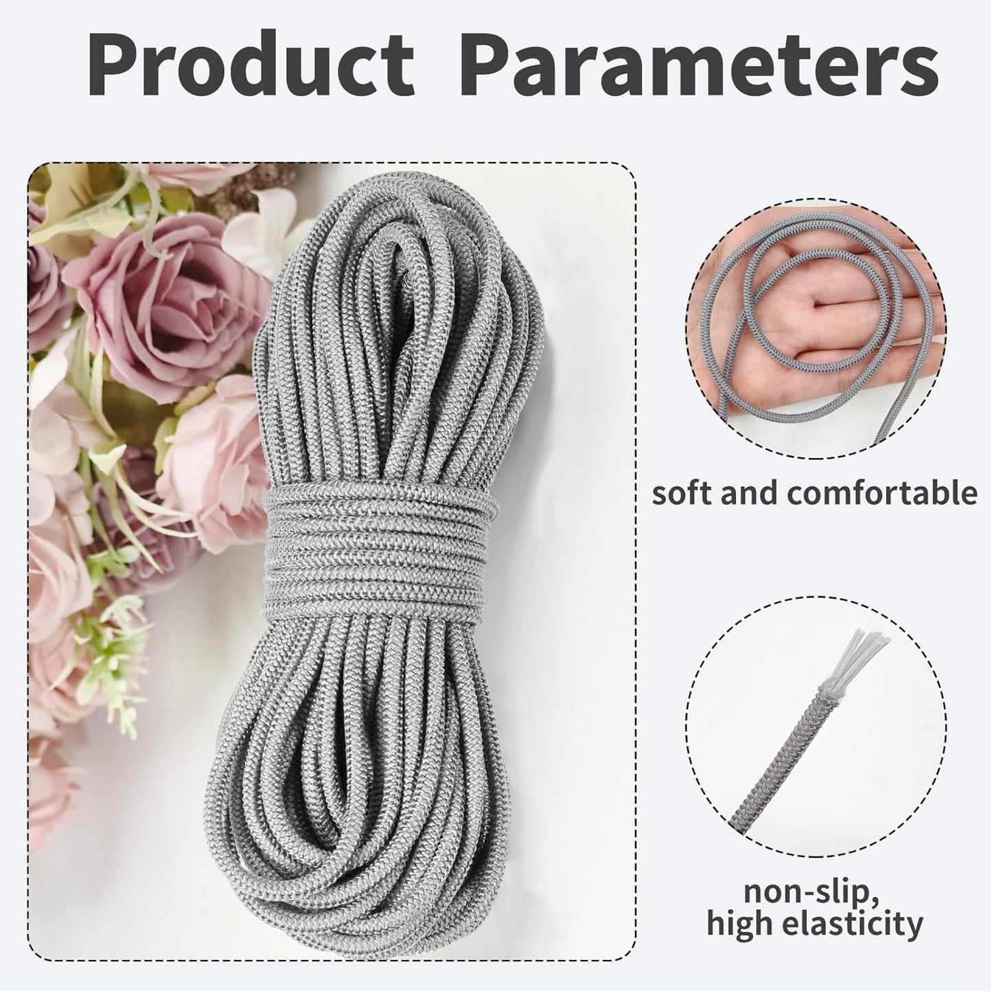 1/8 inch Gray Non-Slip Elastic Cord -3mm 15 Yards Soft Elastic Cord Stretch String Braided Thread for Sports Gear, DIY Crafts, Hair Bands, Shoelaces,Apparel Making & Camping Tie Down