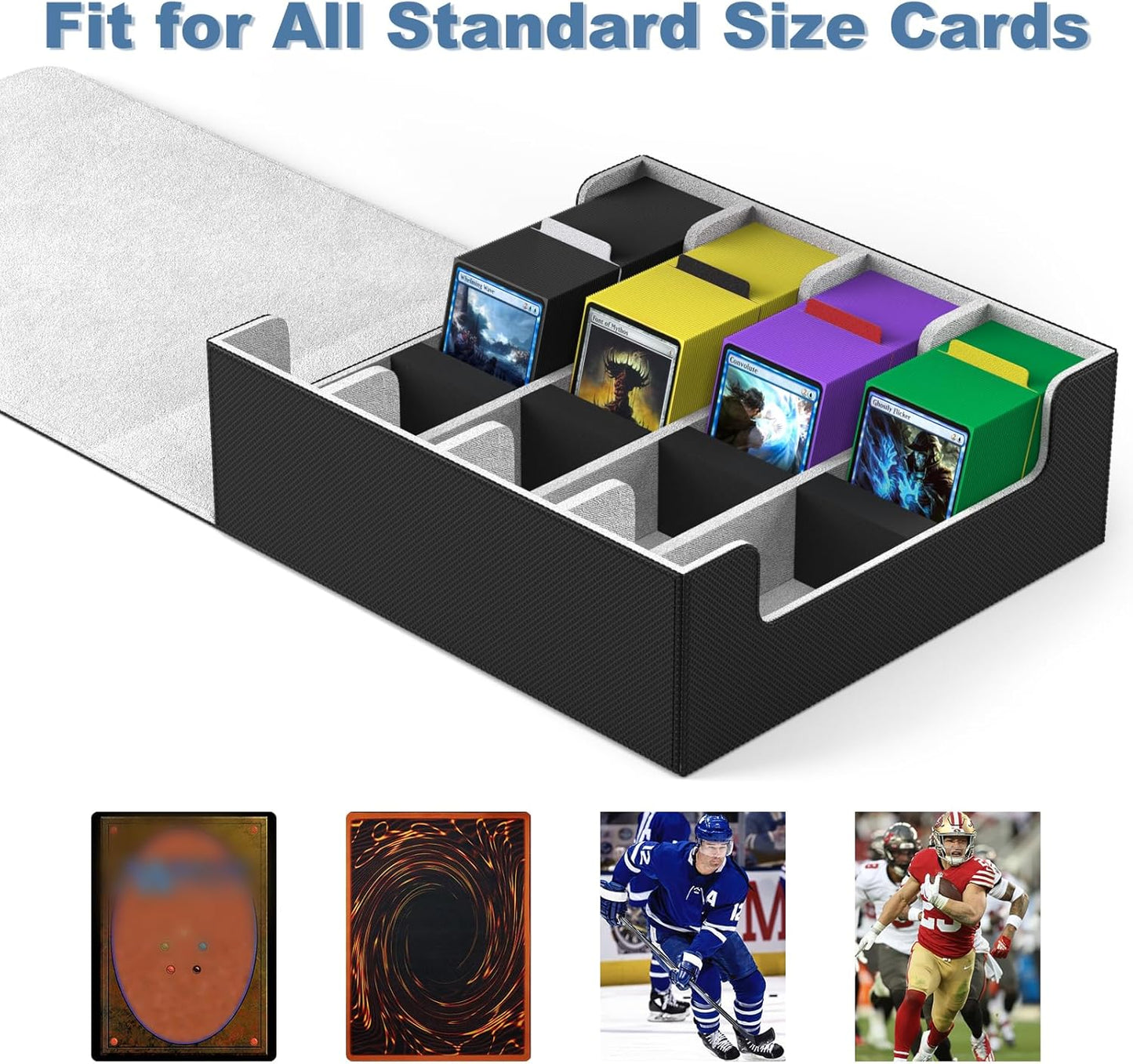 Mlikero Card Deck Case, 2400+ Trading Card Storage Box with 10 Colorful Dividers and 4 Foam Stoppers, Leather Magnetic Closure Commander Deck Box Fit for MTG, TCG (4 Rows, Black&Grey)