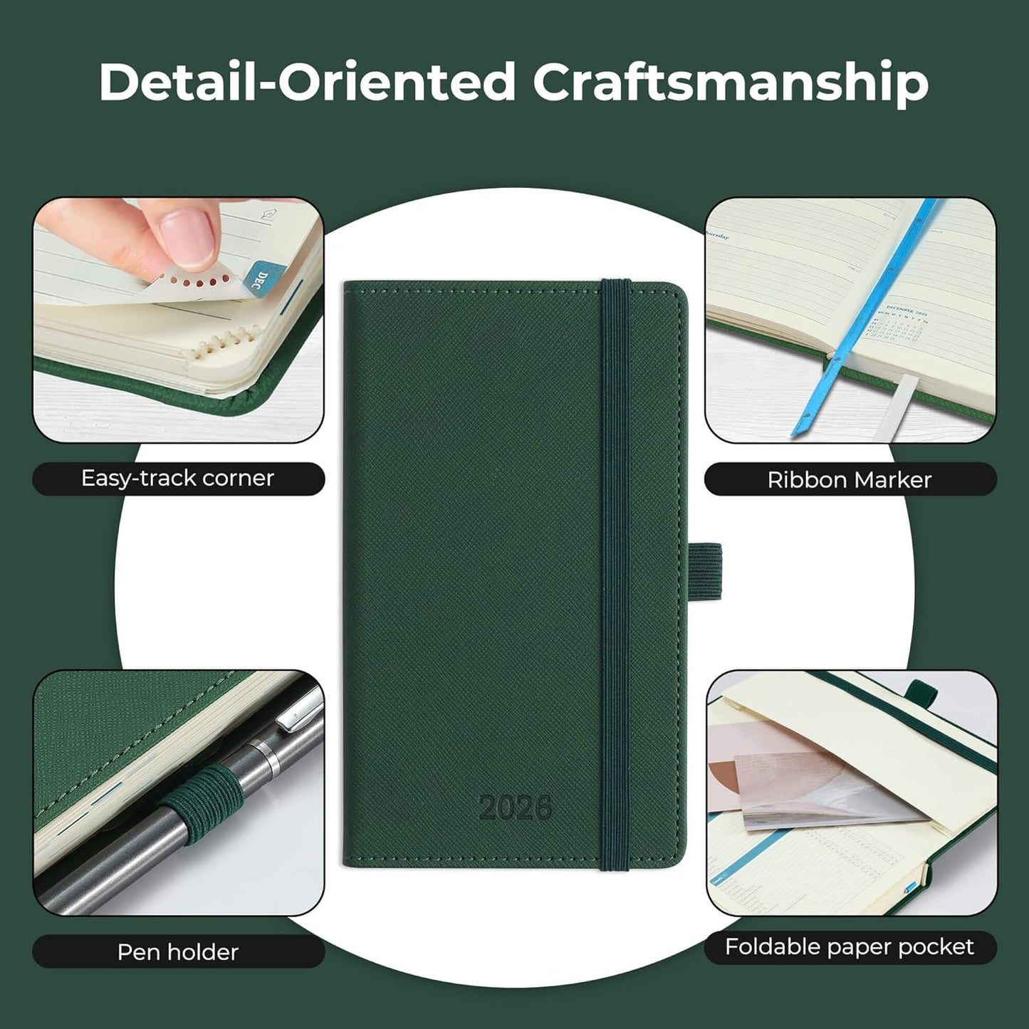 Weekly Monthly 2026 Planner (Jan.26-Dec.26),6.5"x3.75",12 Months Agenda Plan with Month Tabs & Pocket,Expenses/Note Pages, Appointment Book Calendar with Hardcover Vegan Leather Cover,Green