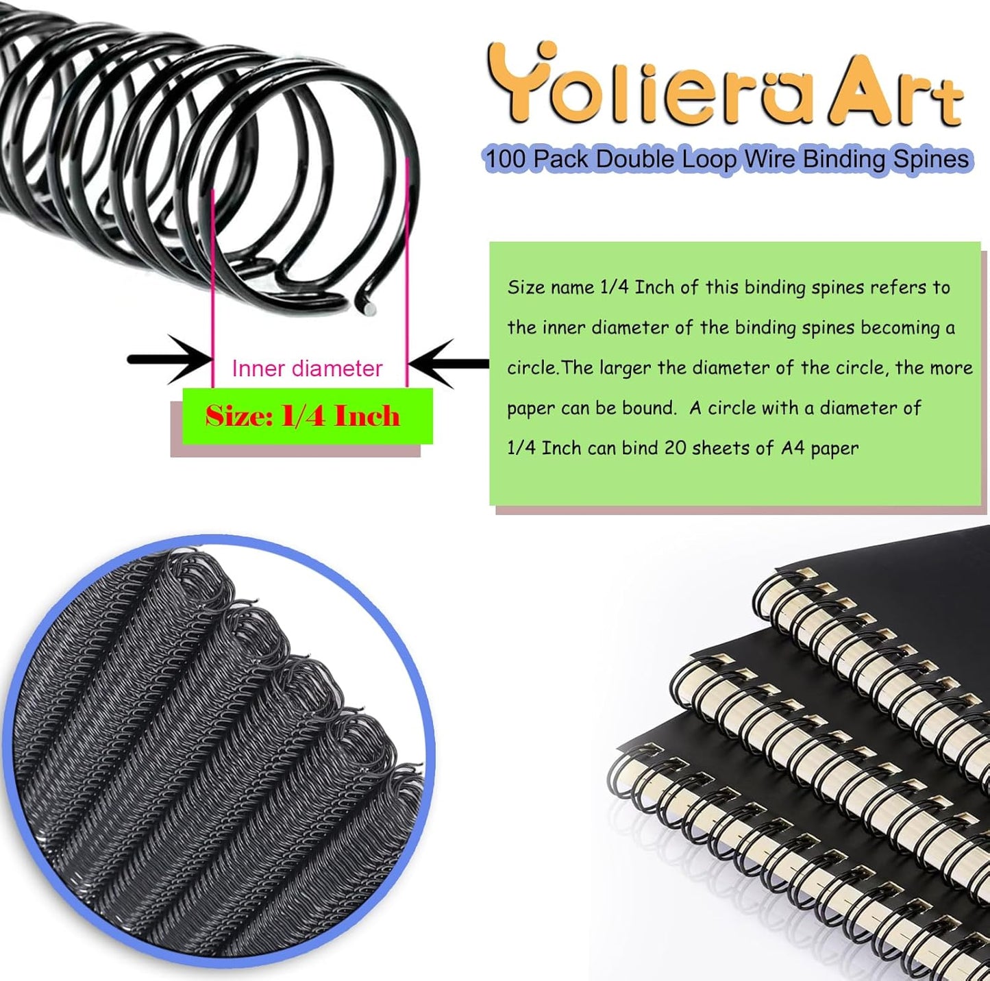 100 Pack Double Loop Wire Binding Spines, YolieraArt 1/4 Inch Spiral Binding Coils for Letter Size,Metal Bindings for Notebook Binder Machine (20 Sheet Capacity, 100P, 3:1 Pitch Twin Combs, White)