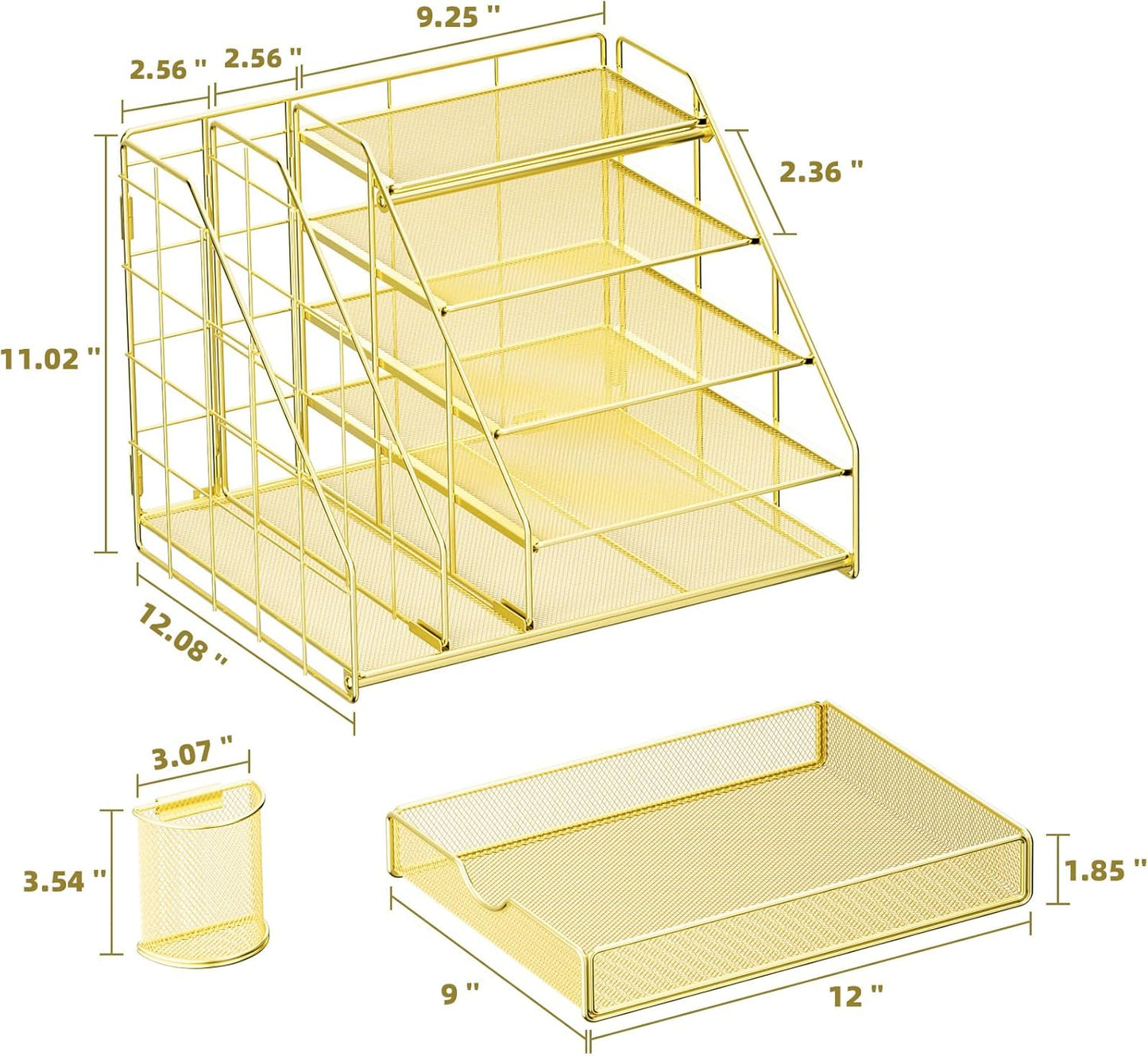 Marbrasse Desk Organizer with File Holder, 5-Tier Desk Organizer and Accessories with Drawer and 2 Pen Holders, Mesh Paper Letter Tray, Desktop Storage for Office Supplies (Gold)
