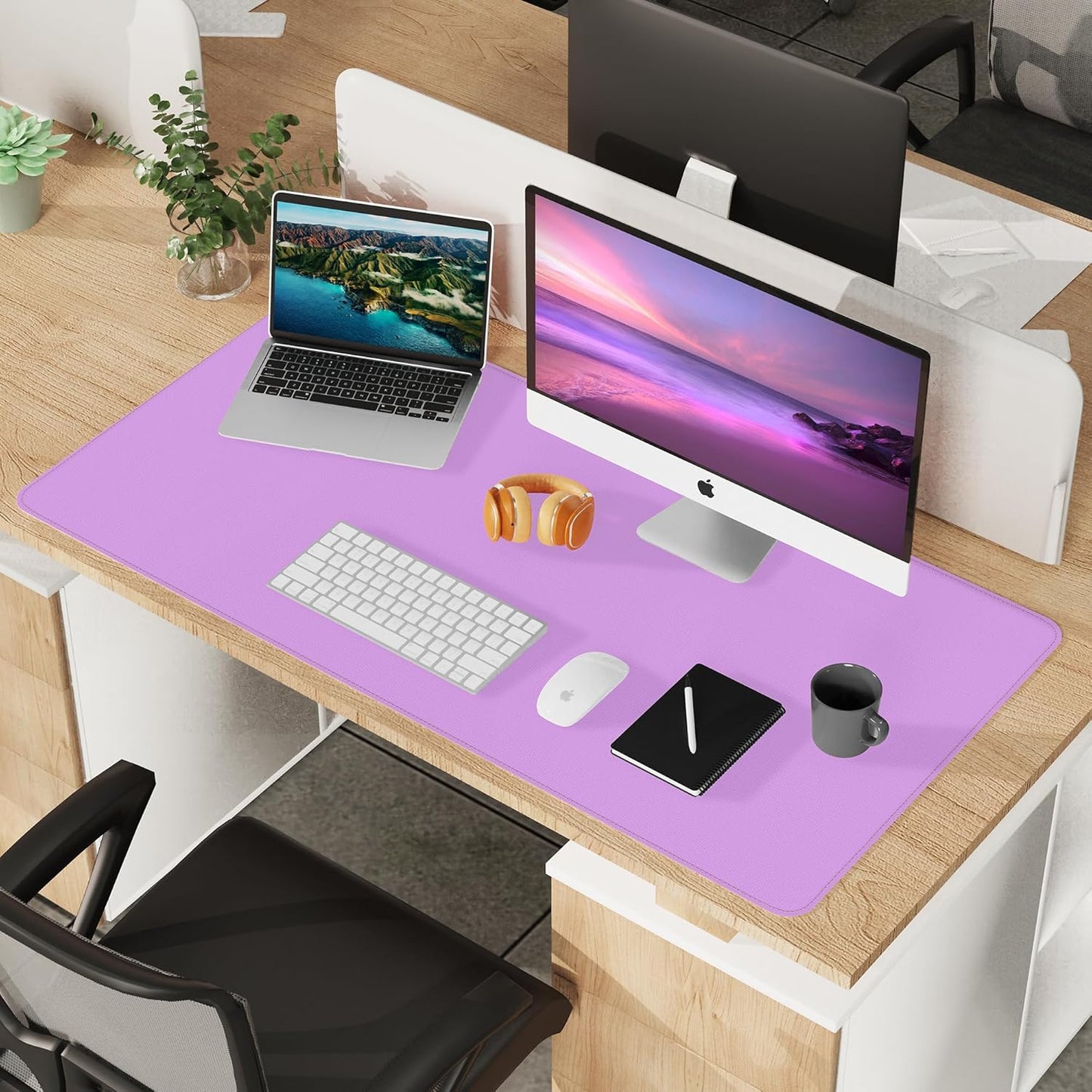 Leather Desk pad Protector- 47.2" x 23" Large Desk mat with Natural Cork & PU Leather,Mouse pad,Non-Slip Office Desk Mat,Waterproof Desk Writing Pad for Office and Home(Purple)