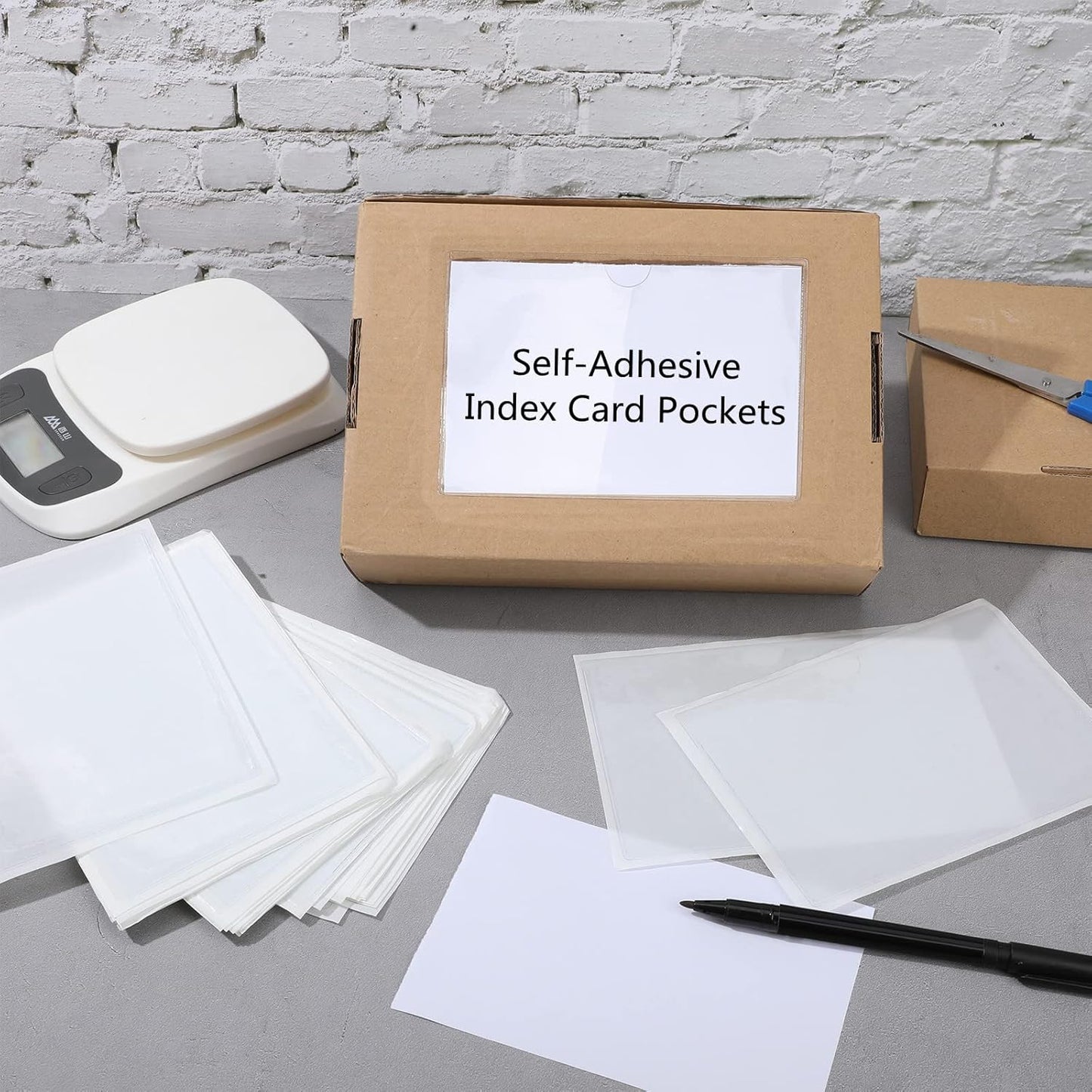 Outus 100 Pcs Clear Self Adhesive Pockets - Bin Labels for Storage Bins, Pocket Label Sleeves, Plastic Index Card Holder with Top Open for Organizing Bins Box Drawer(5 x 7 Inch)