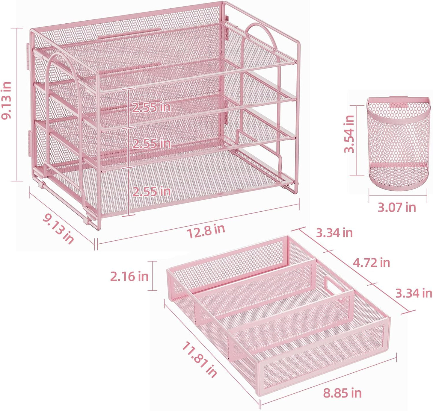 Marbrasse Desk Organizer and Accessories4-Tier Paper File Letter Tray Accessories & Workspace Desk Organizers with Drawer and 2 Pen Holders for School Home Office Supplies(Pink)