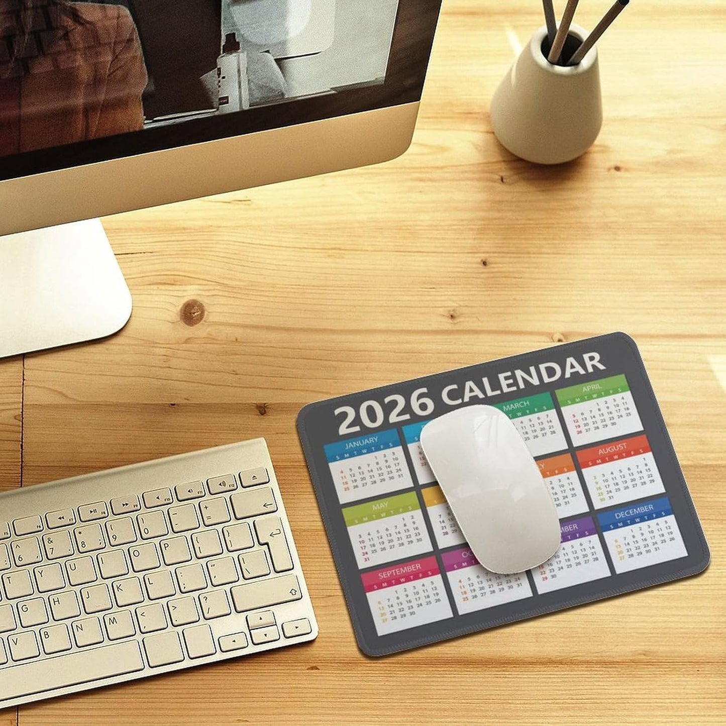 Mouse Pad 2026 Calendar Stitched Edge,Computer Mouse Pads Calendars Non-Slip Rubber Desk Mat Mousepad Gaming Office Keyboard Mat (9.45x7.87 in) (Gray)