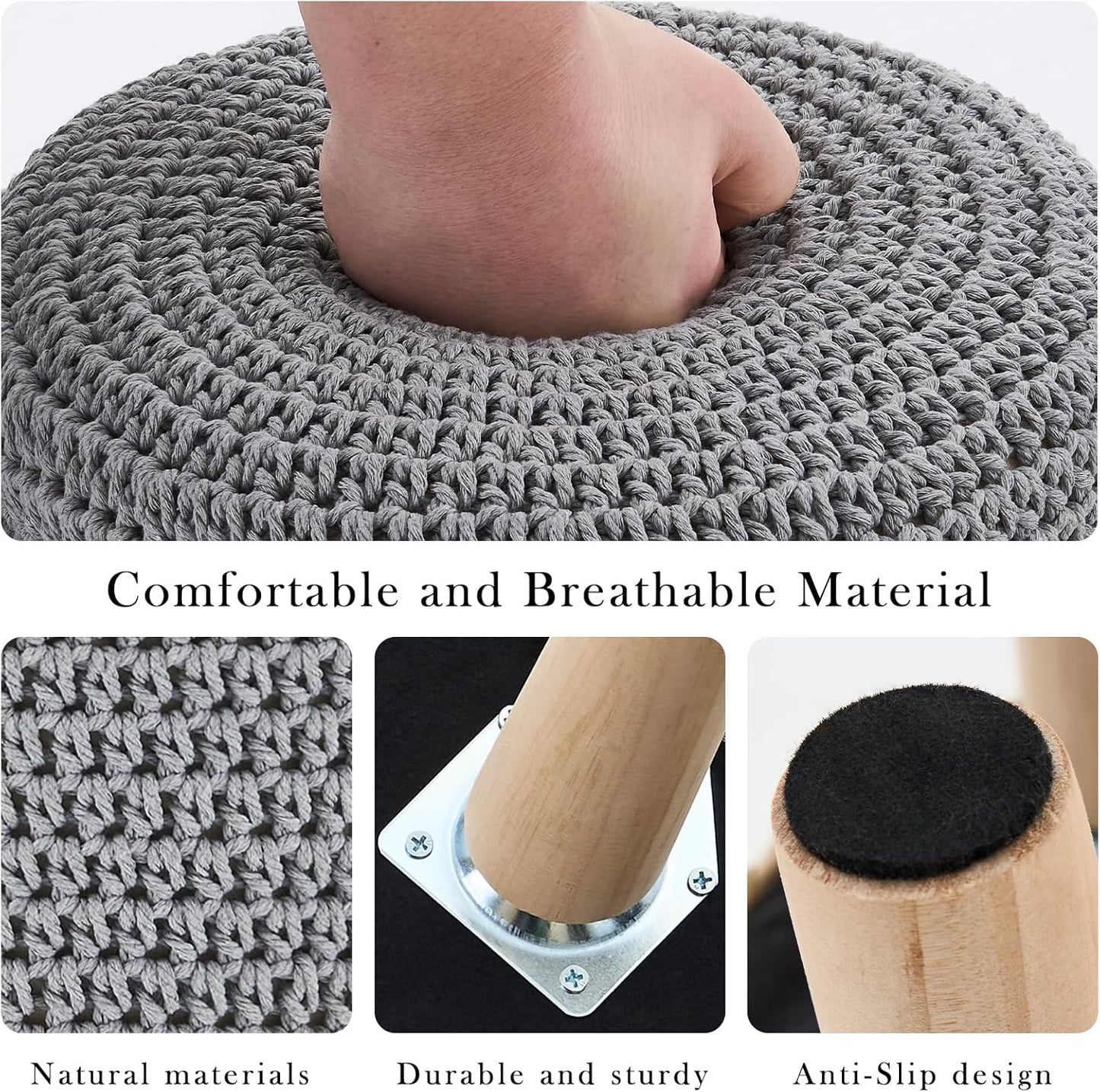 Cotton Knitted Ottoman Round Footstool Vanity Stool Modern Ottoman Footrest Stool with Non-Skid Wood Legs for Living Room Bedroom Grey