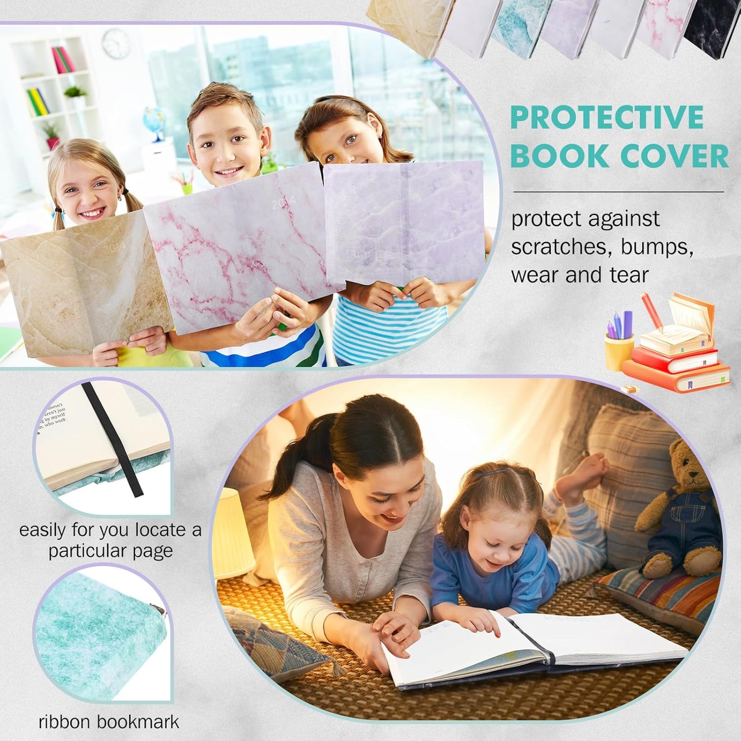 Sherr 14 Pack Stretchable Book Covers Reusable Jumbo Bookcloth 9" x 11" Durable Washable Back to School Book Cover Protector for Most Hardcover Books Textbooks(Fresh,Marble)