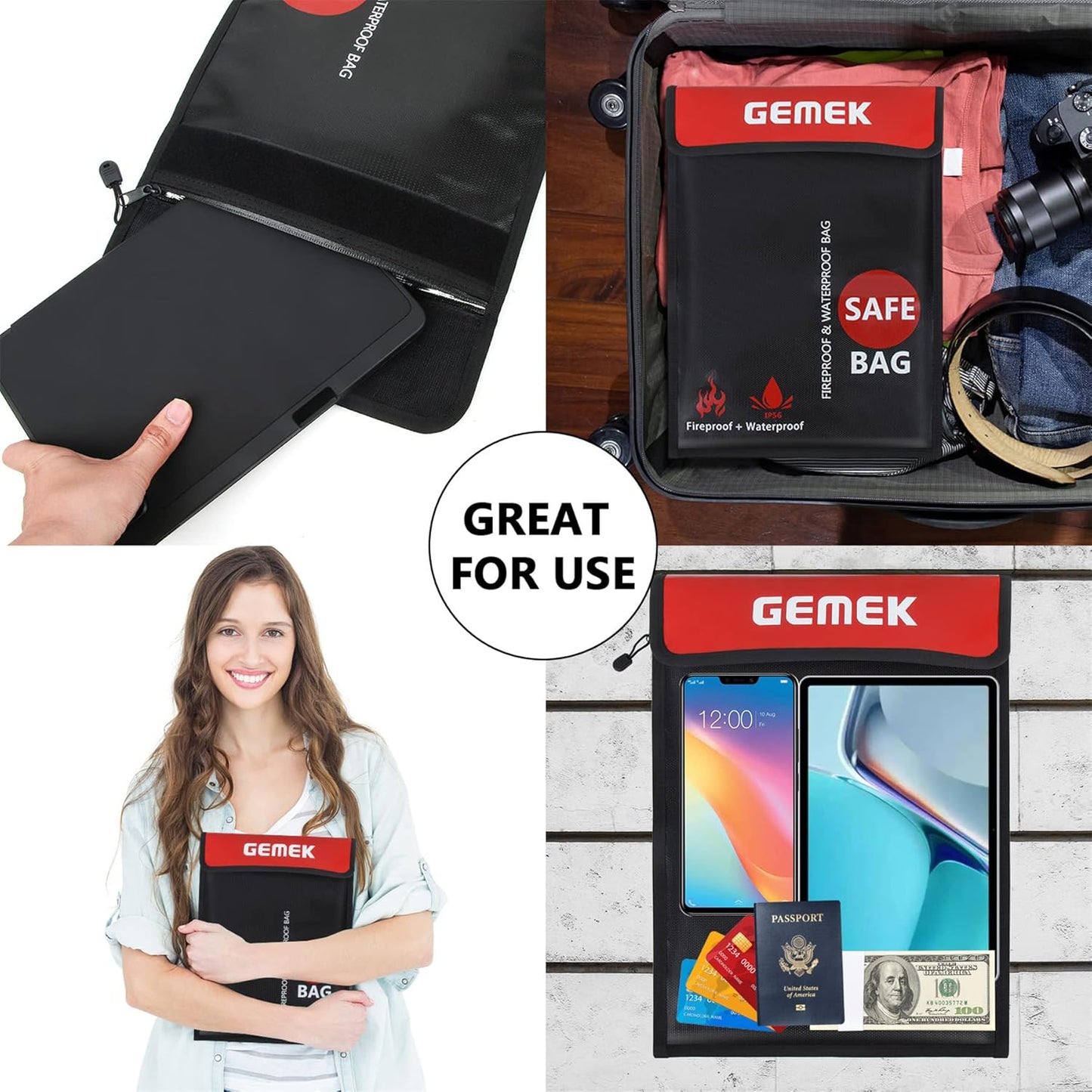 Fireproof Waterproof Money Document Bag 2 Pack, GEMEK Safe Zipper Bags, Fire & Water Resistant Storage Organizer Pouch for A4 A5 Documents Holder,File,Cash,Jewelry,Passport,Tablet,Laptop (Black)