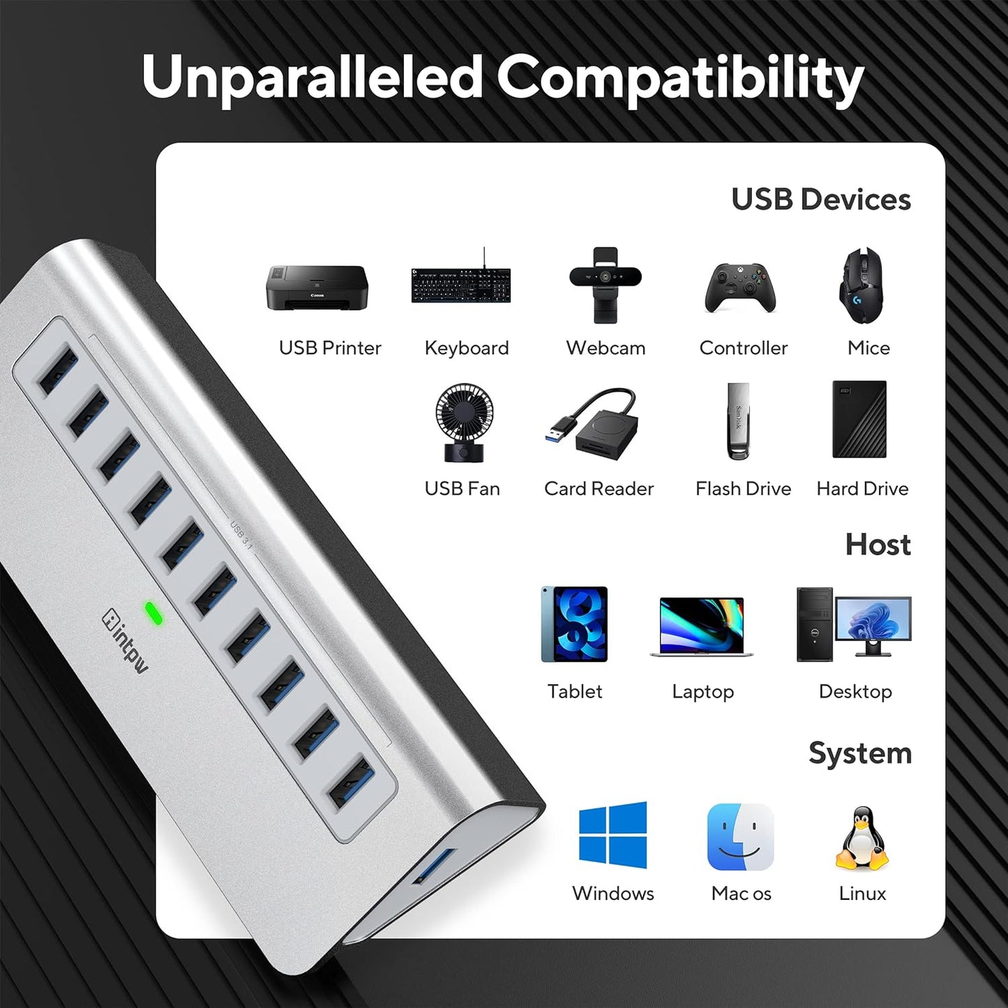 Powered USB Hub, intpw 10 Port USB 3.1 Hub with 10Gbps Data Transfer, 36W(12V/3A) Power Adapter, USB Type A and Type C Cable, Aluminum USB Hub for Laptop, MacBook and Desktop Computer