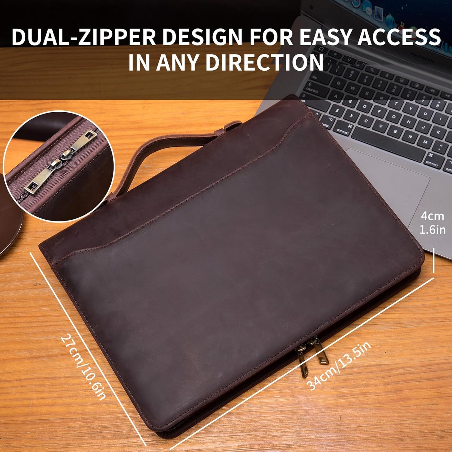 Genuine Leather Portfolio with Hidden Handle, Front Pocket, Business Padfolio Tablet/13” Laptop Organizer, Folio Document Cell Phone Holder, Professional Executive Folder, Dark Brown