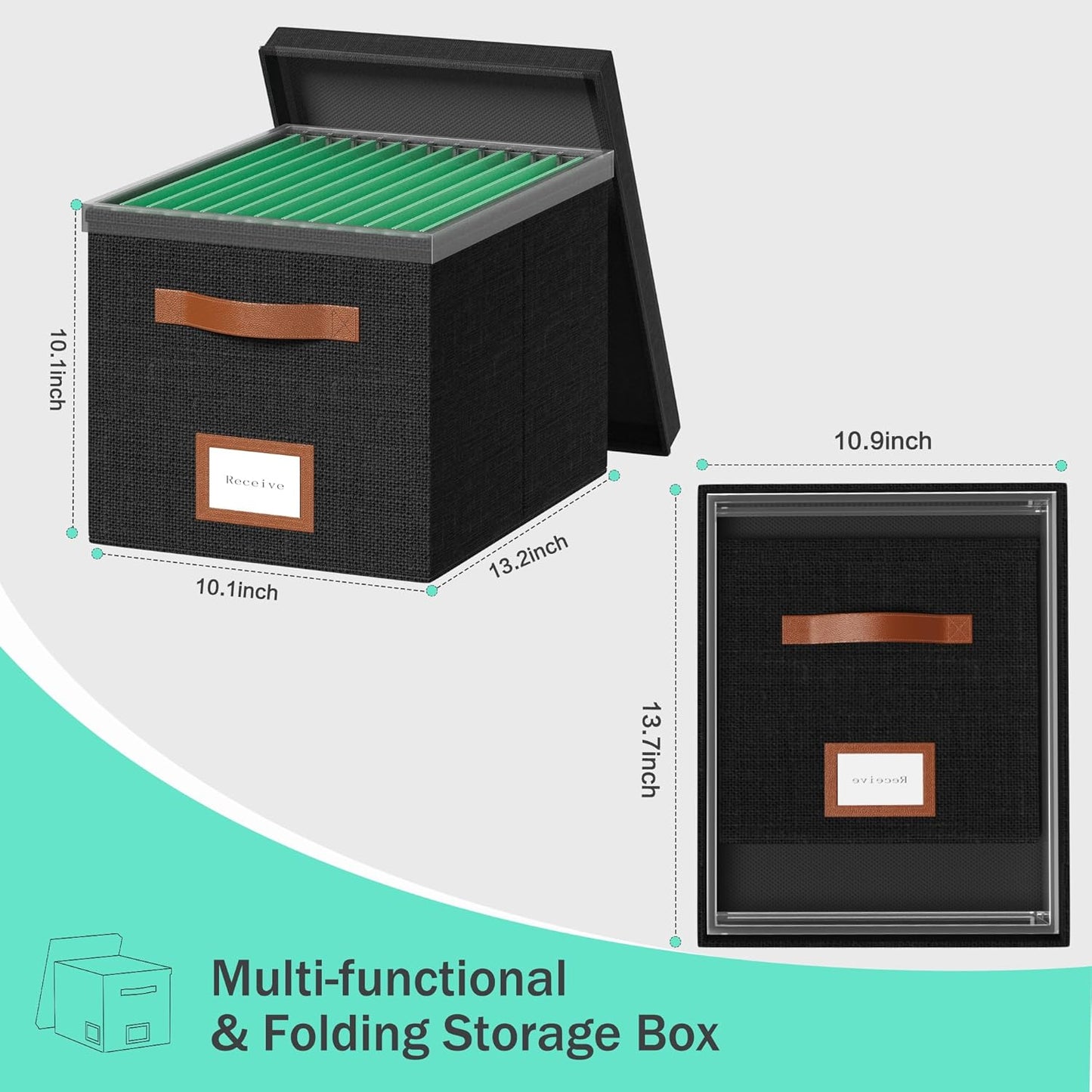 File Box for Hanging, File Organizer Box with Lid Decorative File Folders Organizer with One-Piece Integrated Plastic Slide Rail (Black, 13.2x10.1x10.1inch(2pack))